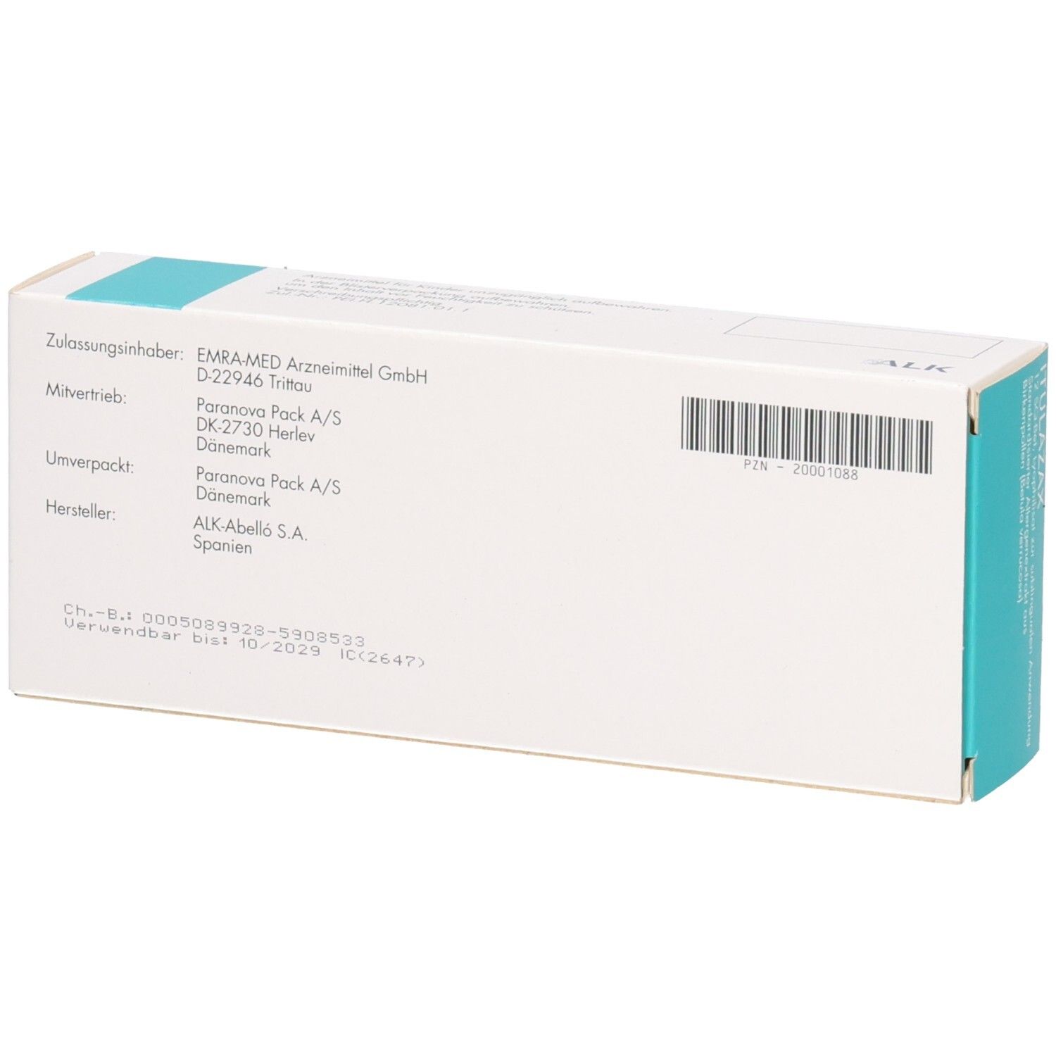 ITULAZAX Karton, Rückseite mit Zulassungsinhaber, Hersteller und Barcode.