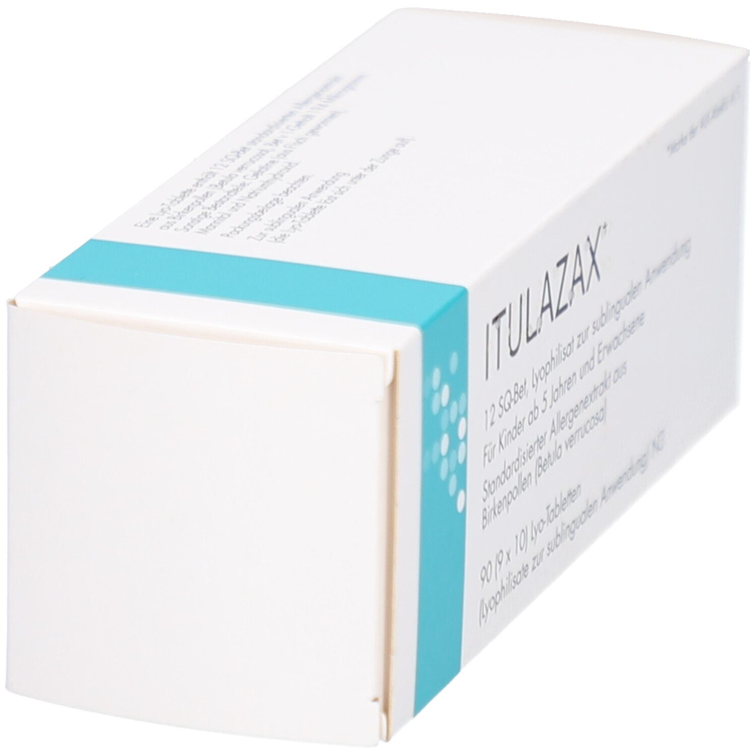 Weiße Schachtel mit blauem Akzent. Aufschrift ITULAZAX. Seitenansicht der Verpackung.