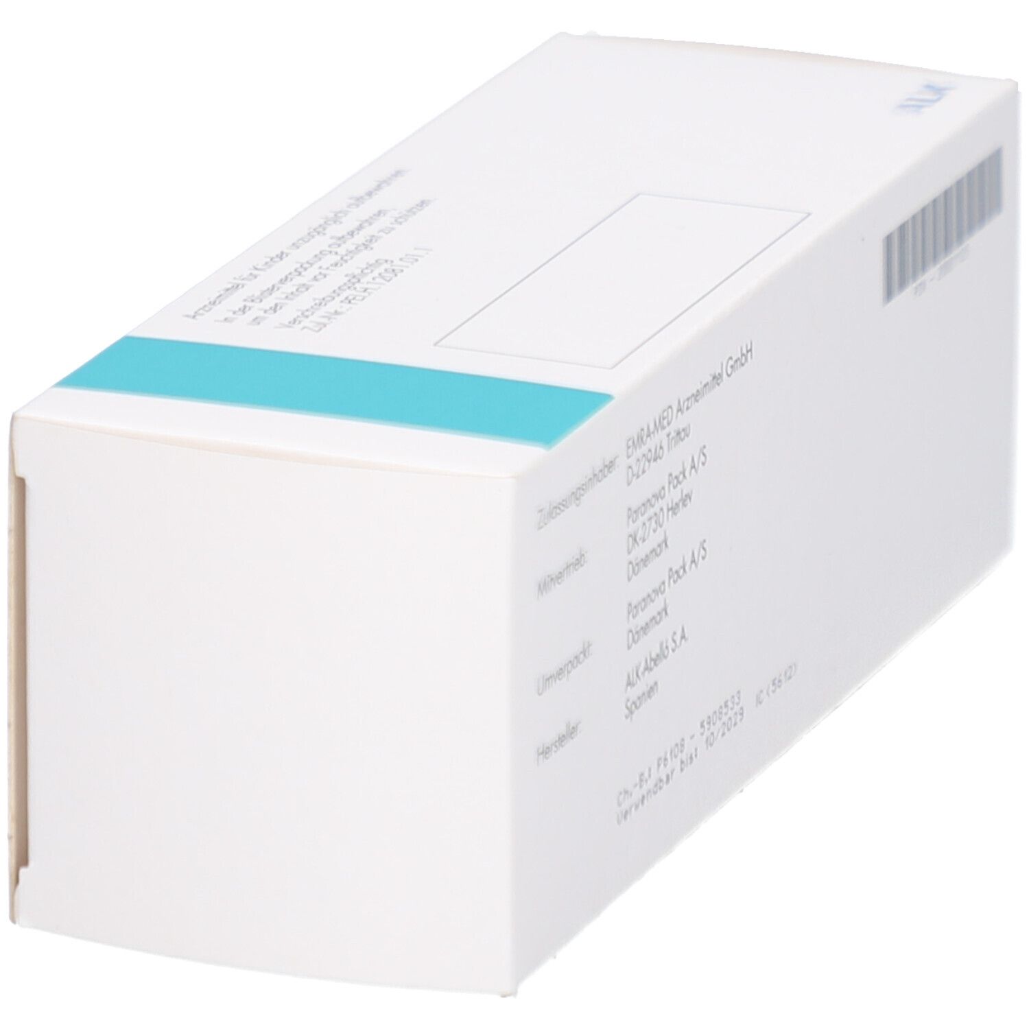 Weiße Schachtel mit blauem Akzent. Seitenansicht mit Herstellerinformationen und Barcode.