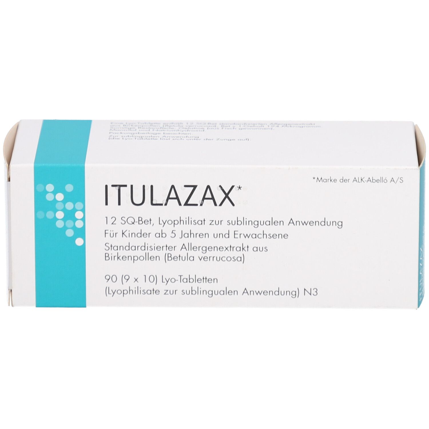 Weiße Schachtel mit blauem Akzent. Aufschrift ITULAZAX, 12 SQ-Bet, für Kinder ab 5 Jahren und Erwachsene. 90 Tabletten.