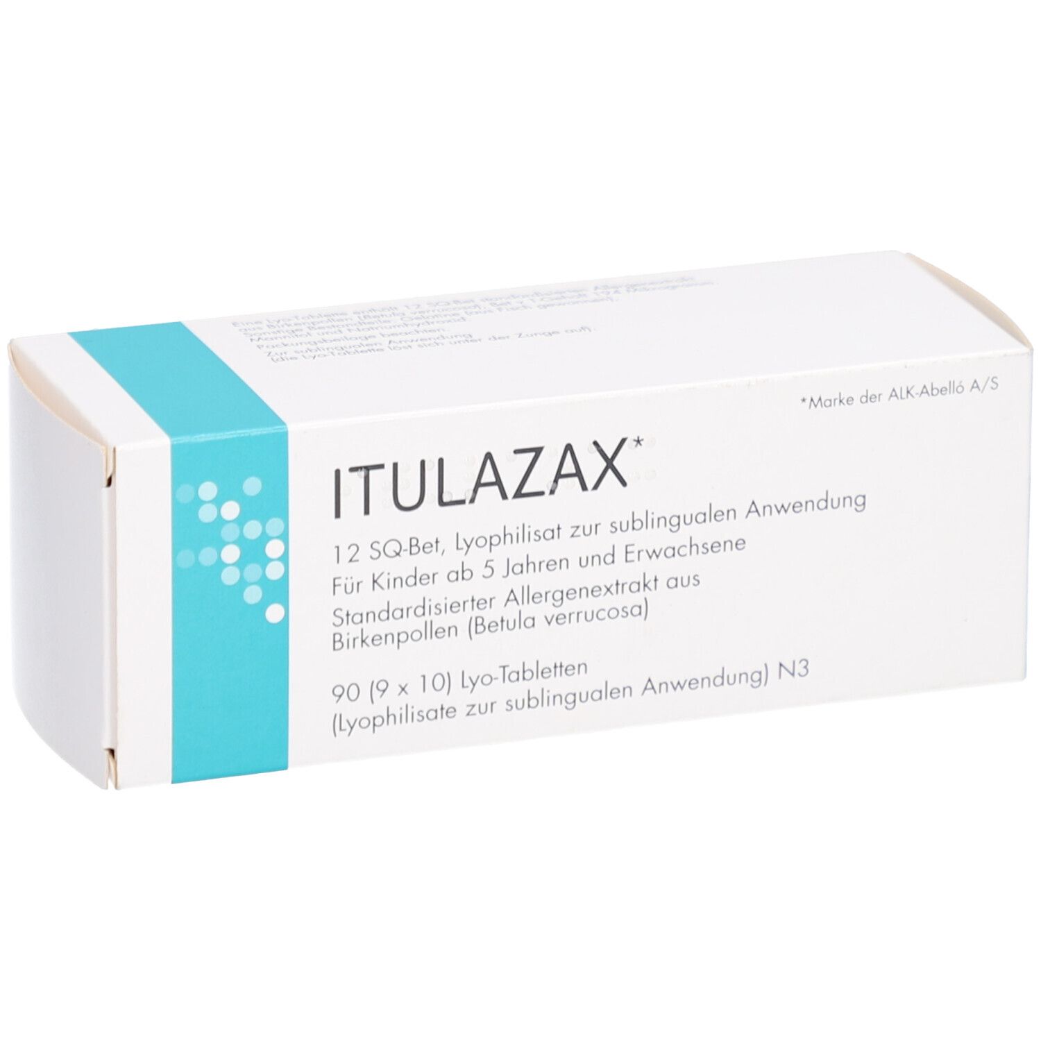 Weiße Schachtel mit blauem Akzent. Aufschrift ITULAZAX, 12 SQ-Bet, für Kinder ab 5 Jahren und Erwachsene. 90 Tabletten.