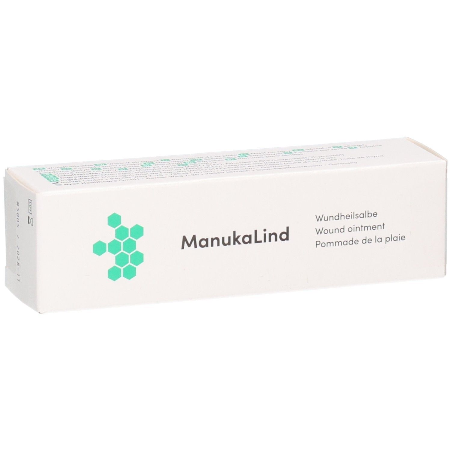 ManukaLind Wundheilsalbe Verpackung mit Chargennummer und Verfallsdatum.
