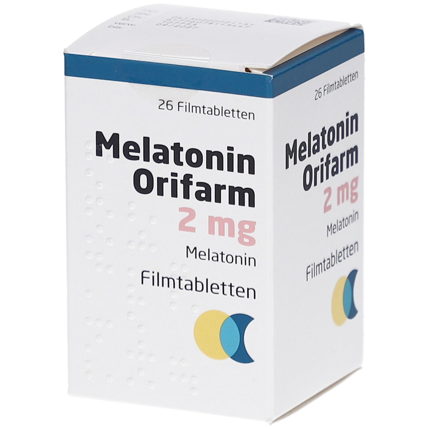 Weiße Faltschachtel mit "Melatonin Orifarm 2 mg" Aufdruck. Enthält 26 Filmtabletten. Logo: Gelb-Blau-Kreis.