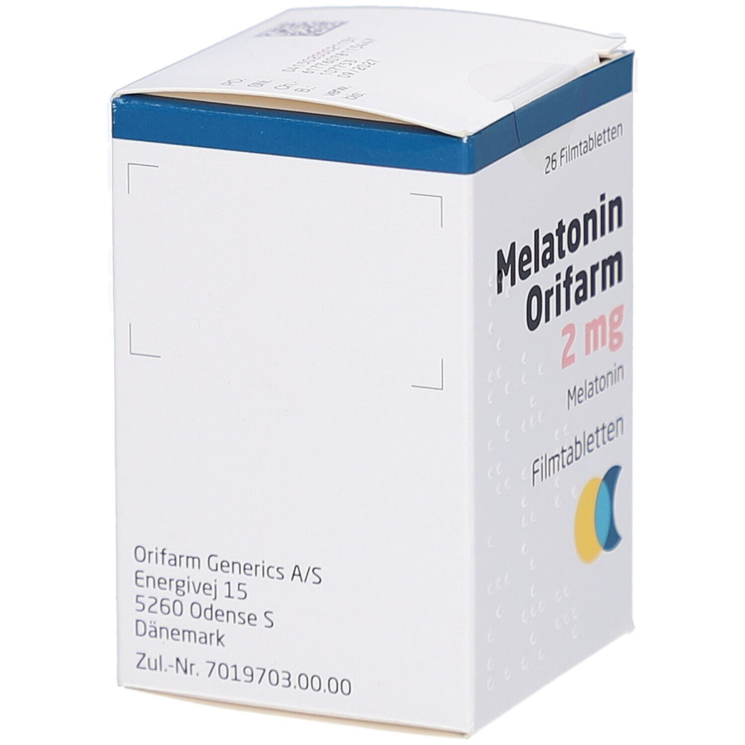 Weiße Faltschachtel mit "Melatonin Orifarm 2 mg" Aufdruck. Enthält 26 Filmtabletten. Rückseite mit Herstellerinformationen.