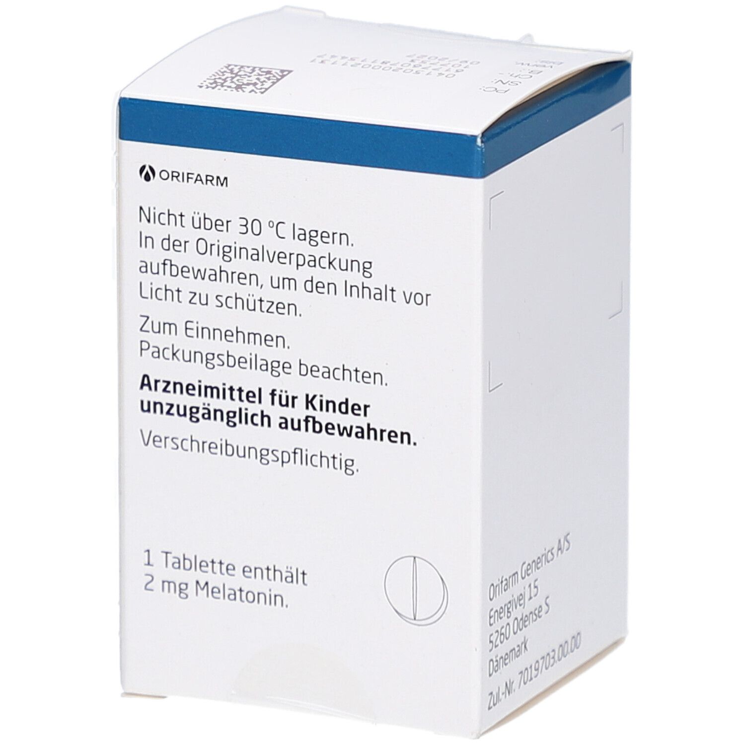 Rückseite der Faltschachtel mit Text: "1 Tablette enthält 2 mg Melatonin". Enthält 26 Filmtabletten. Warnhinweise.