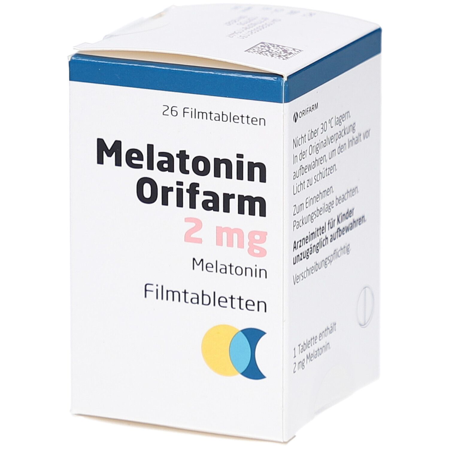 Weiße Faltschachtel mit "Melatonin Orifarm 2 mg" Aufdruck. Enthält 26 Filmtabletten. Logo: Gelb-Blau-Kreis. Ansicht von vorne.