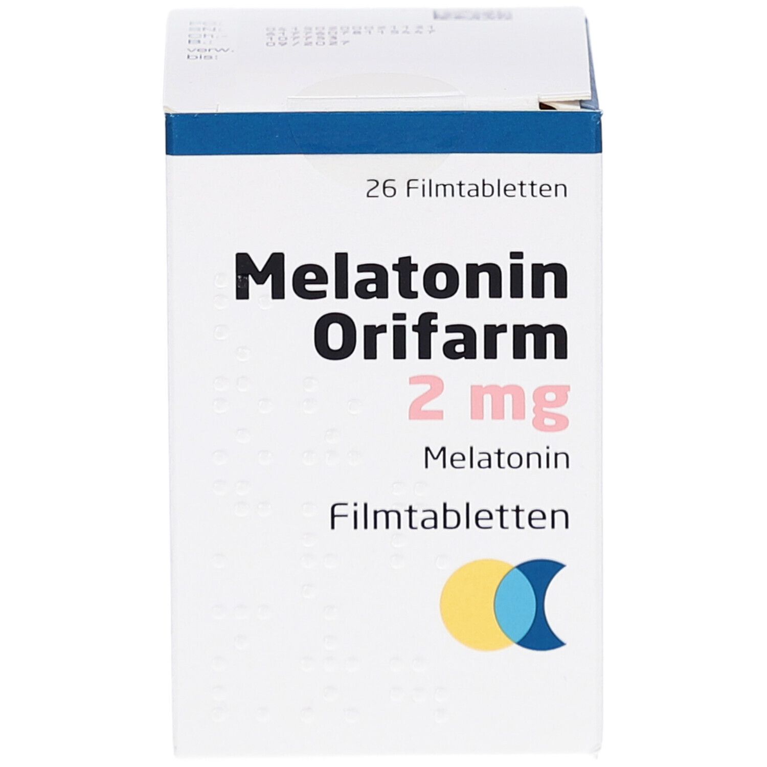 Weiße Faltschachtel mit "Melatonin Orifarm 2 mg" Aufdruck. Enthält 26 Filmtabletten. Logo: Gelb-Blau-Kreis. Ansicht von vorne.