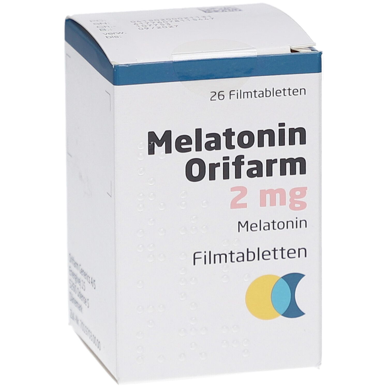 Weiße Faltschachtel mit "Melatonin Orifarm 2 mg" Aufdruck. Enthält 26 Filmtabletten. Logo: Gelb-Blau-Kreis. Schräge Ansicht.