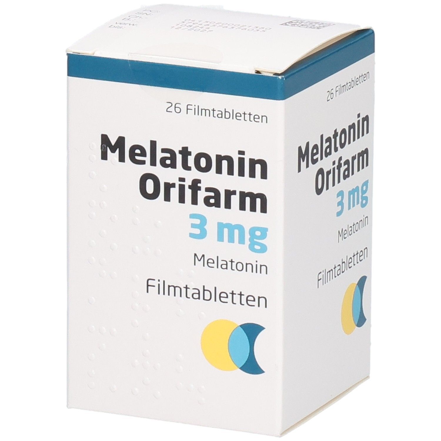 Schachtel mit Melatonin Orifarm 3 mg Filmtabletten. Aufschrift: 26 Filmtabletten. Logo: gelb und blau.