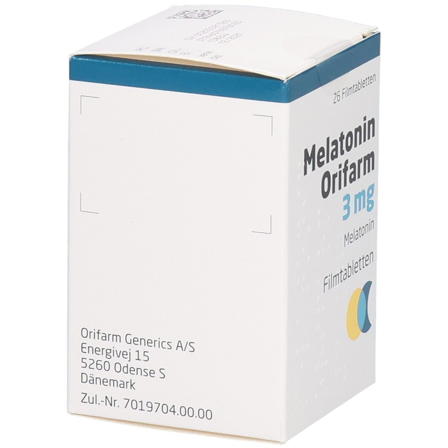 Schachtel mit Melatonin Orifarm 3 mg Filmtabletten. Aufschrift: 26 Filmtabletten. Herstelleradresse. Logo: gelb und blau.
