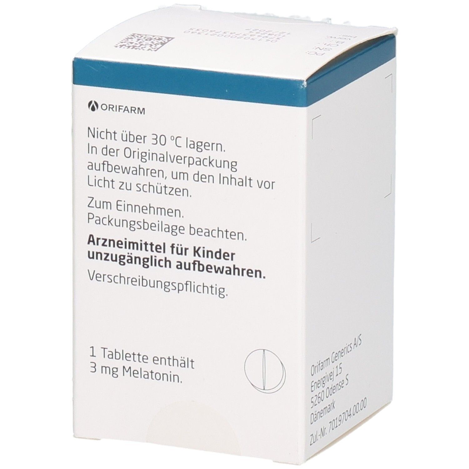 Schachtel mit Melatonin Orifarm 3 mg Filmtabletten. Aufschrift: 1 Tablette enthält 3 mg Melatonin. Warnhinweis.