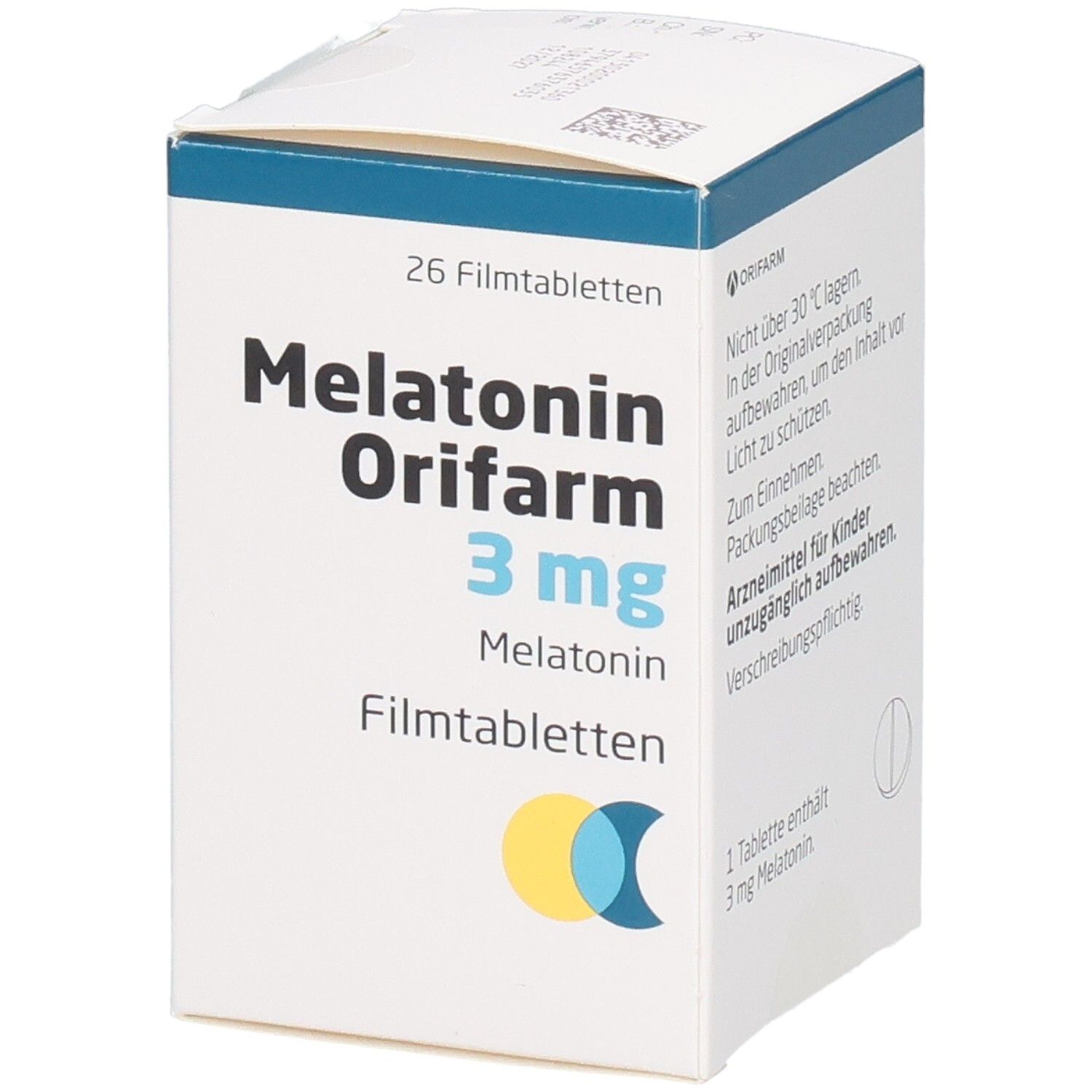 Schachtel mit Melatonin Orifarm 3 mg Filmtabletten. Aufschrift: 26 Filmtabletten. Logo: gelb und blau. Rückseite mit Text.