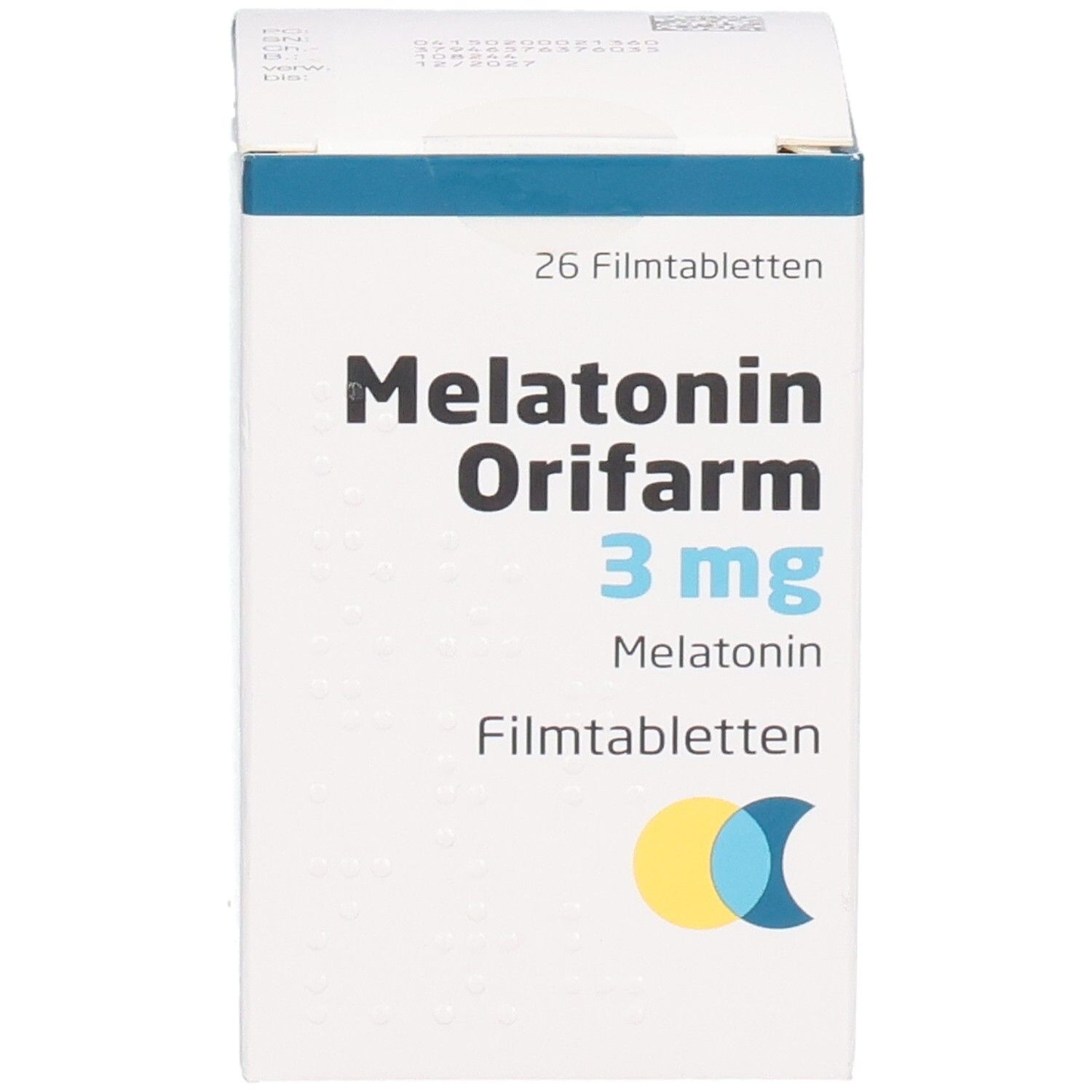 Schachtel mit Melatonin Orifarm 3 mg Filmtabletten. Aufschrift: 26 Filmtabletten. Logo: gelb und blau. Ansicht von oben.