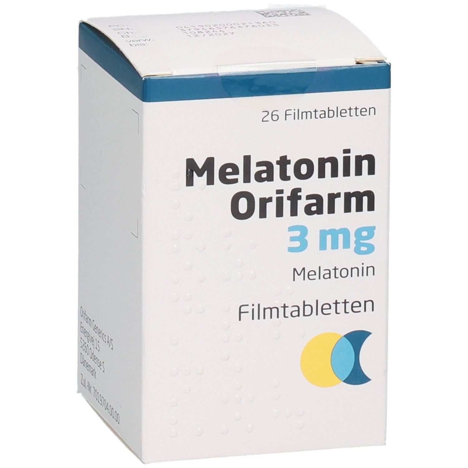 Schachtel mit Melatonin Orifarm 3 mg Filmtabletten. Aufschrift: 26 Filmtabletten. Logo: gelb und blau. Ansicht von oben.