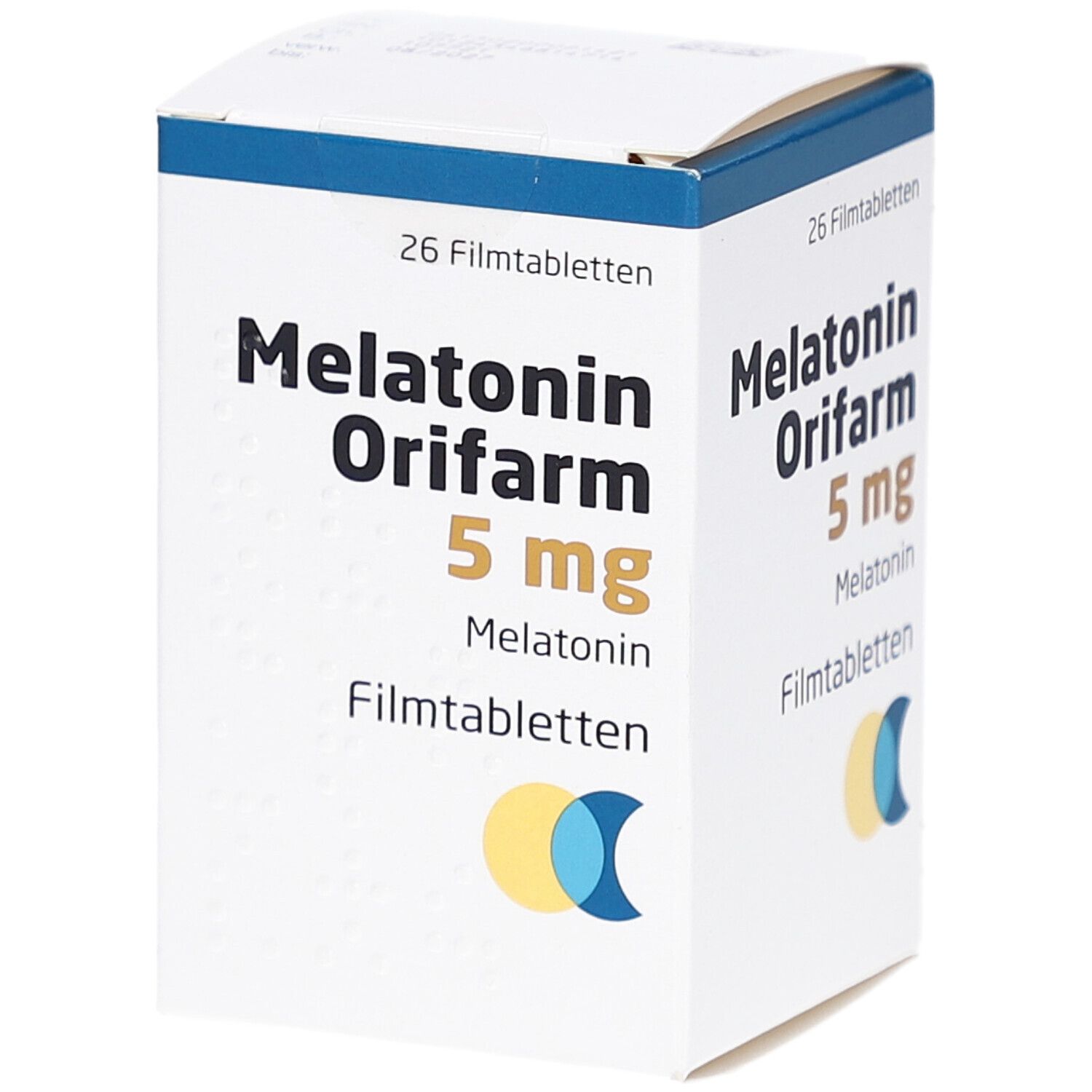 Schachtel mit Melatonin Orifarm 5 mg Filmtabletten. Aufschrift: 26 Filmtabletten. Logo: Gelb, blau. Produktname und Dosierung.