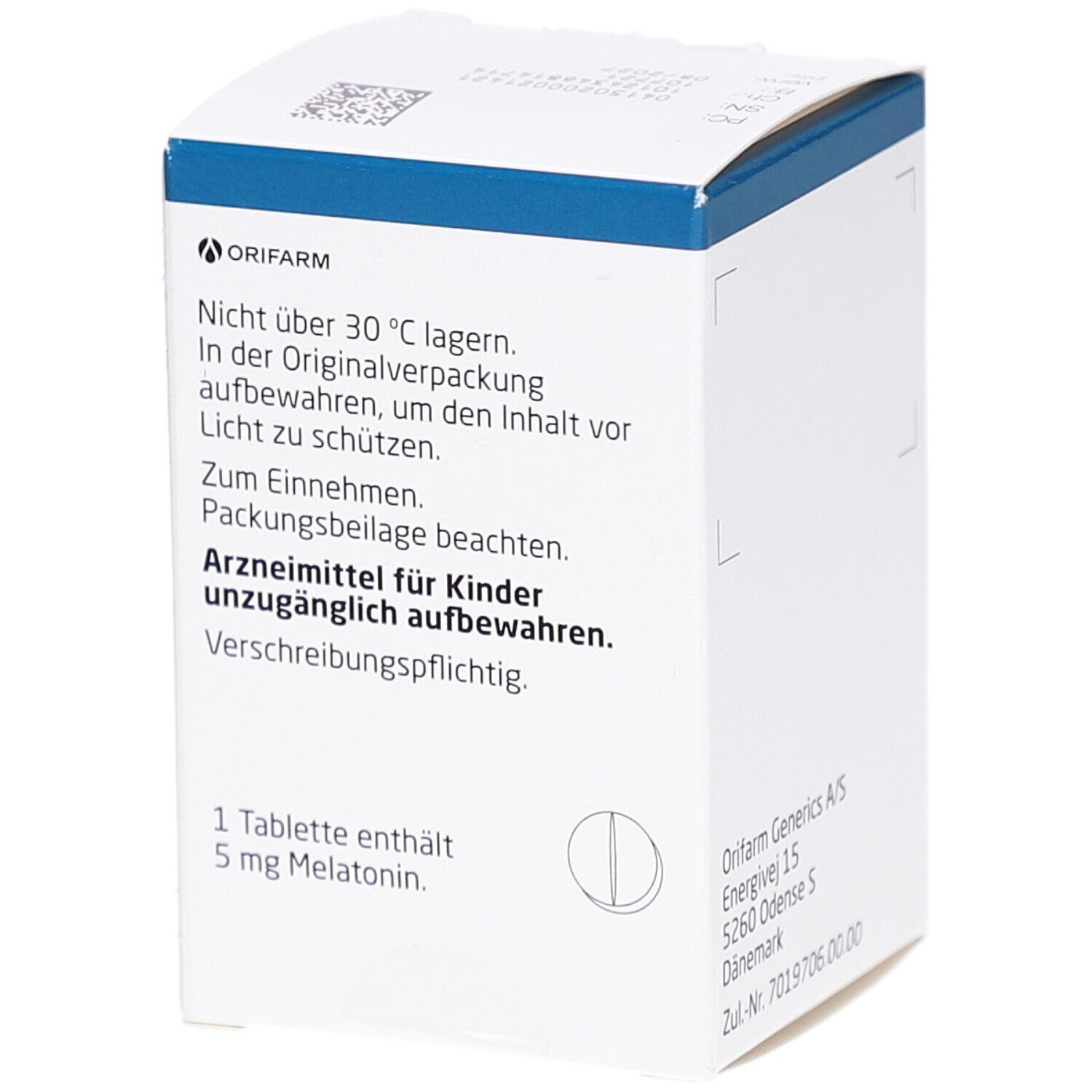 Rückseite der Schachtel mit Melatonin Orifarm. Text: Vorsicht, Arzneimittel für Kinder unzugänglich aufbewahren. 1 Tablette enthält 5 mg Melatonin.