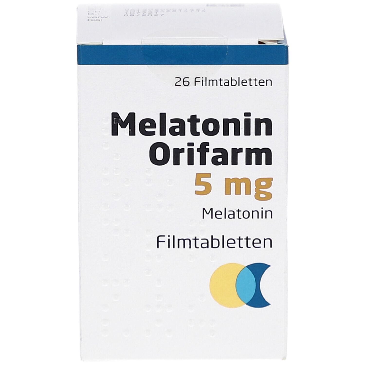 Schachtel mit Melatonin Orifarm 5 mg Filmtabletten. Aufschrift: 26 Filmtabletten. Produktname und Dosierung.