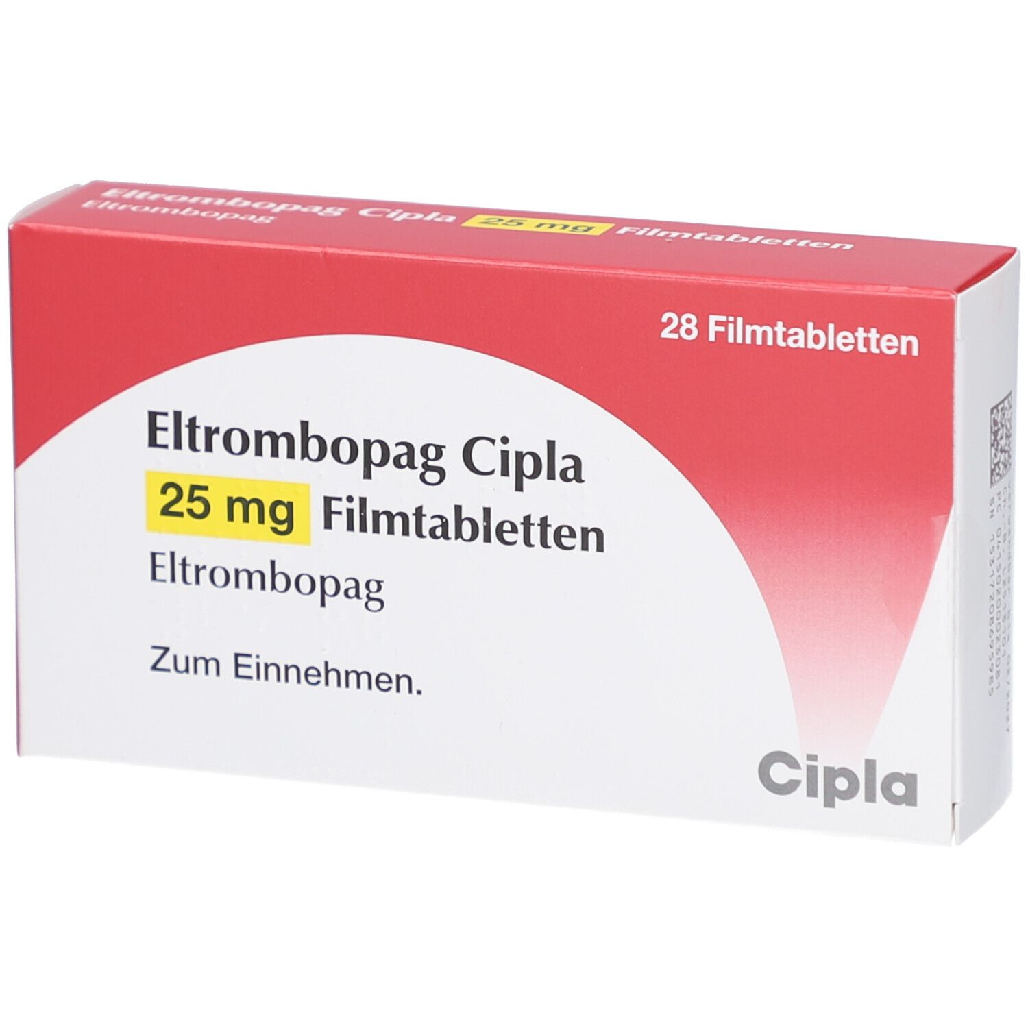 Schachtel mit ELTROMBOPAG Cipla 25 mg Filmtabletten. Rote und weiße Verpackung mit Produktinformationen und Cipla-Logo.