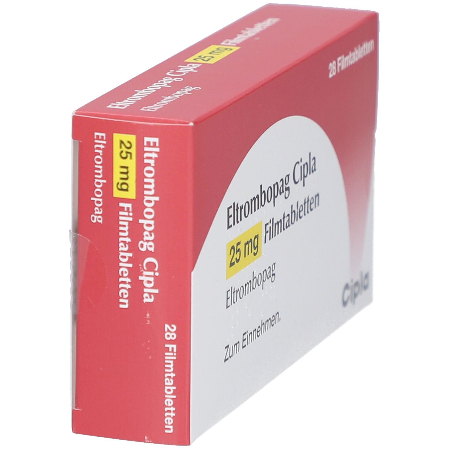 Schachtel ELTROMBOPAG Cipla 25 mg Filmtabletten. Rote und weiße Verpackung, schräg gestellt. Produktinformationen sichtbar.