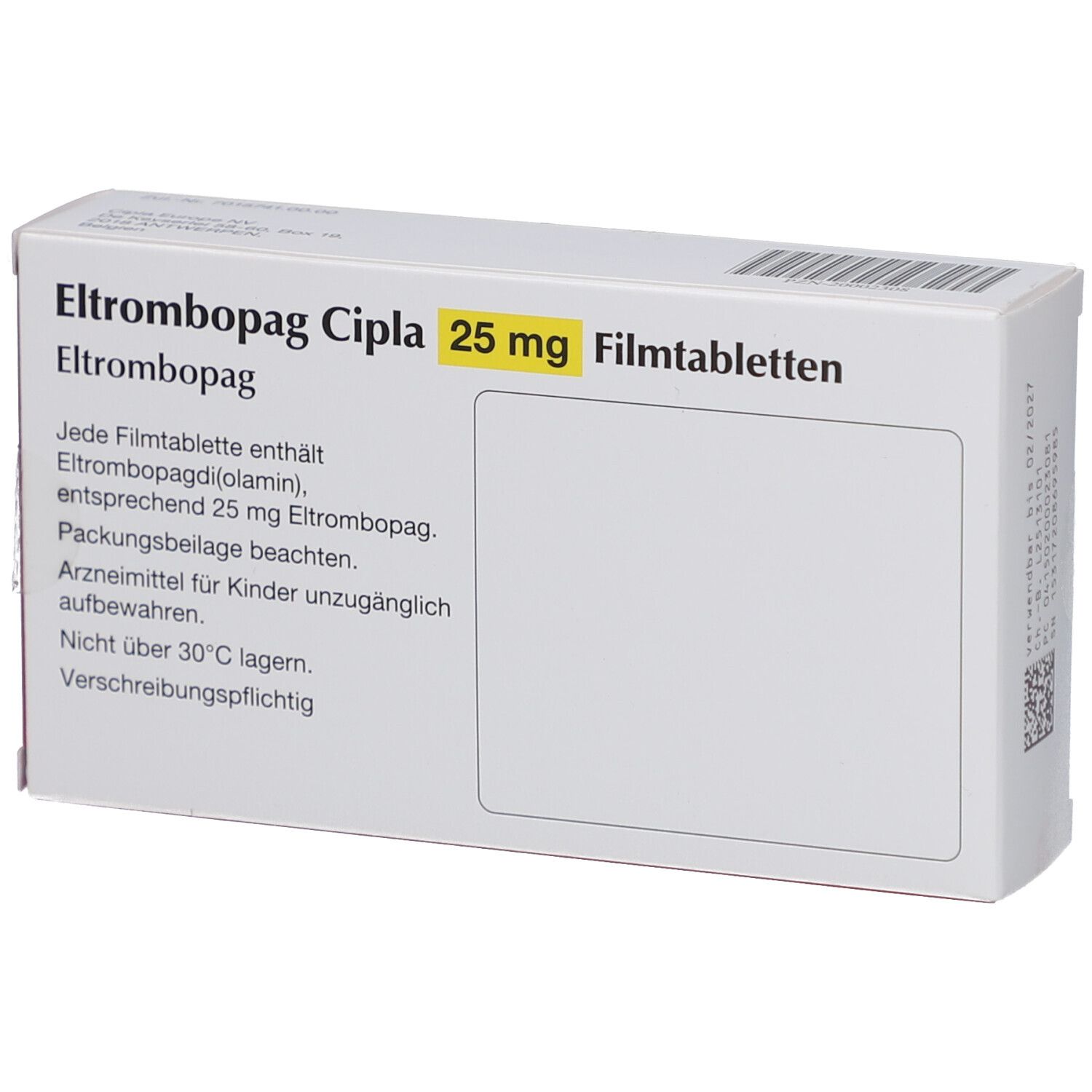 Rückseite der Schachtel ELTROMBOPAG Cipla 25 mg Filmtabletten. Weiße Fläche mit Text, Herstellerinformationen und QR-Code.