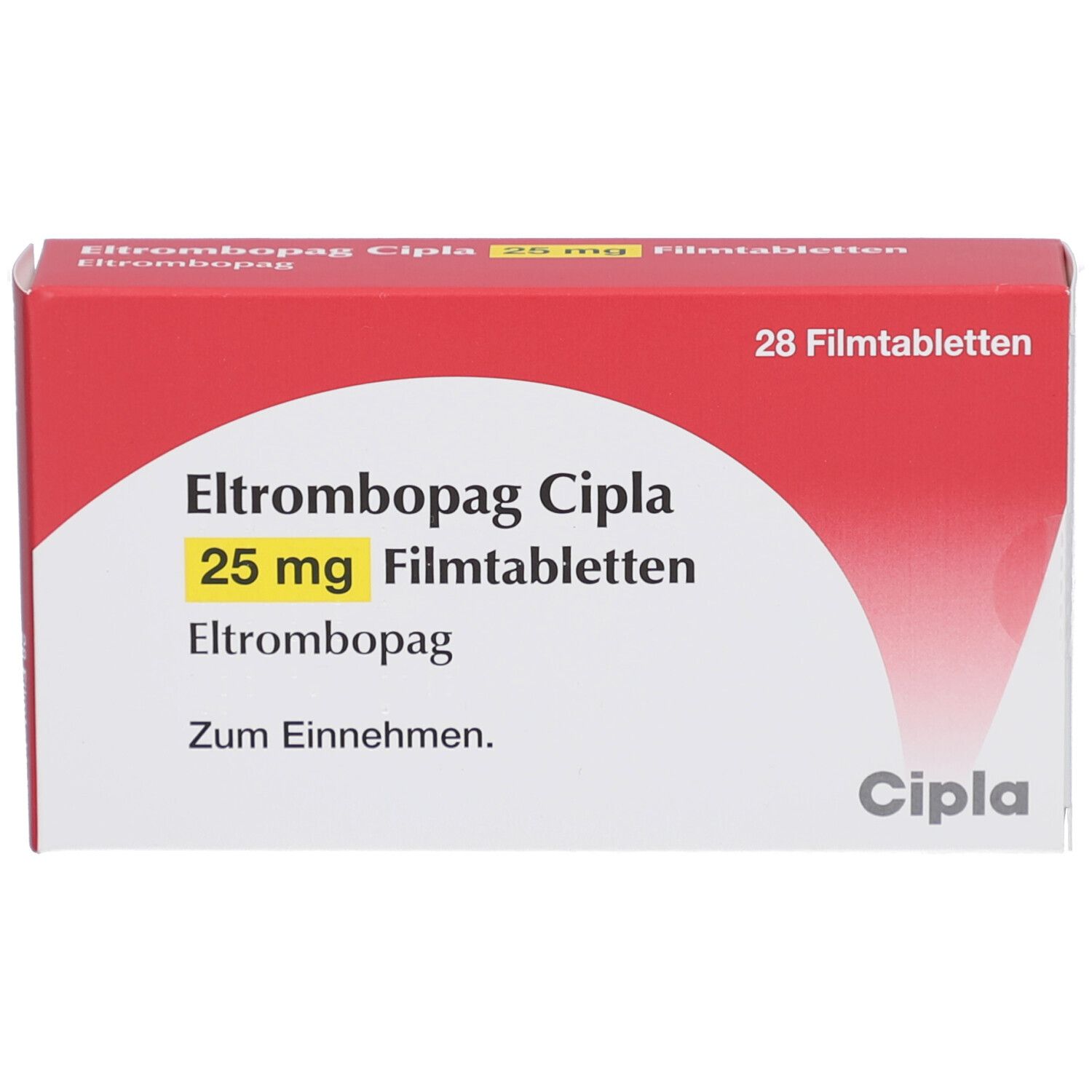 Schachtel ELTROMBOPAG Cipla 25 mg Filmtabletten. Rote und weiße Verpackung mit Produktinformationen und Cipla-Logo.