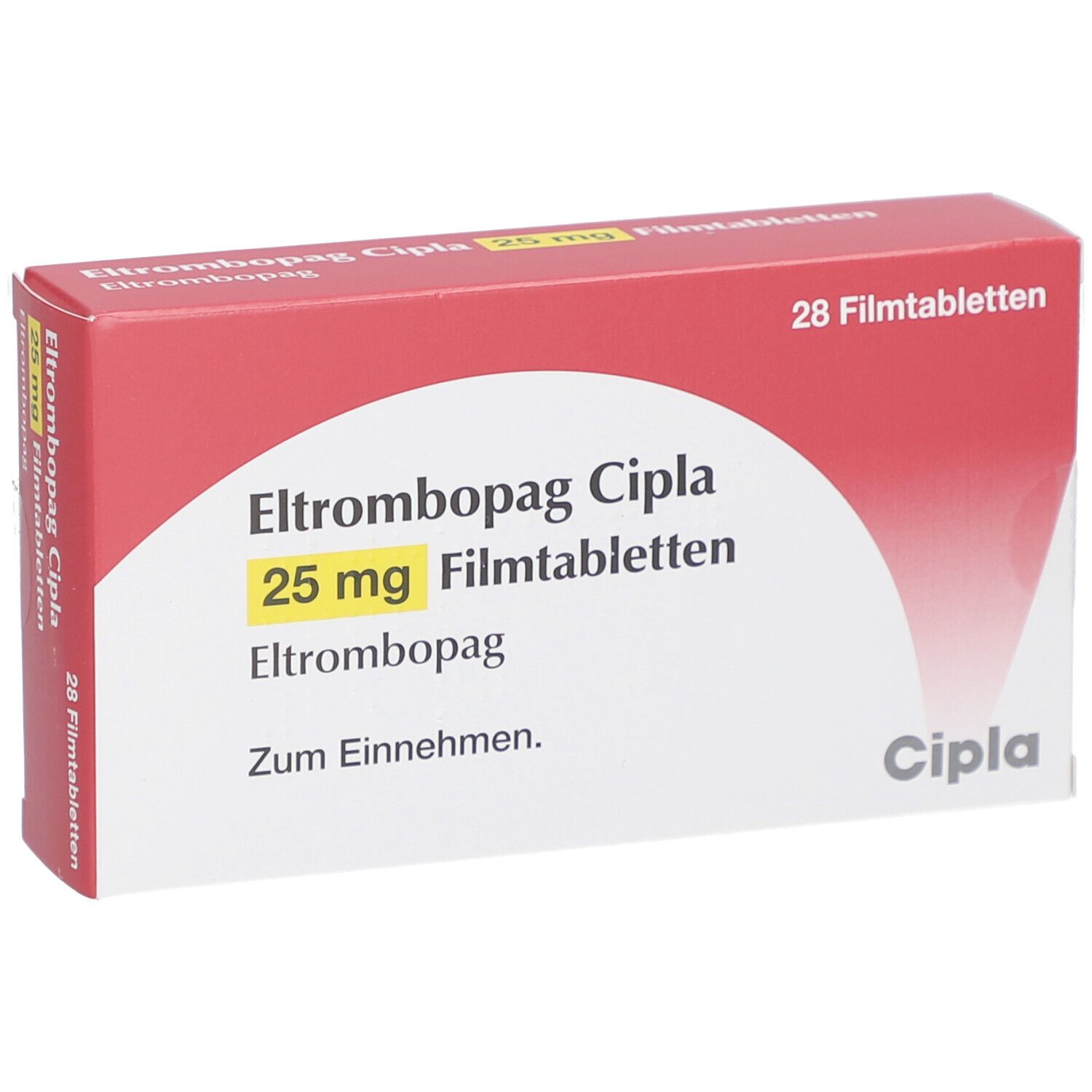 Schachtel ELTROMBOPAG Cipla 25 mg Filmtabletten. Rote und weiße Verpackung mit Produktinformationen und Cipla-Logo.