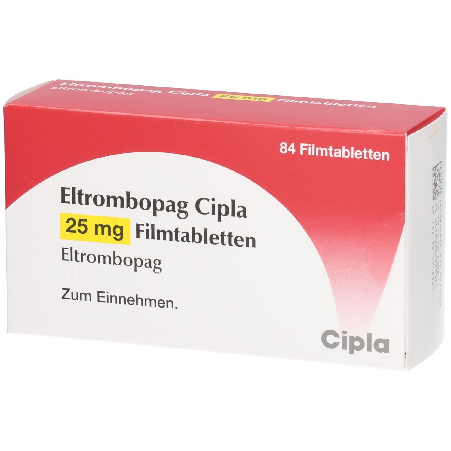 Eltrombopag Cipla 25 mg Filmtabletten, 84 Stück. Rote und weiße Verpackung mit Produktinformationen.
