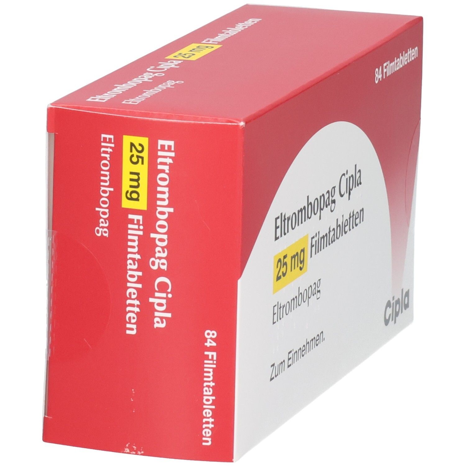 Eltrombopag Cipla 25 mg Filmtabletten, 84 Stück. Seitenansicht der roten und weißen Verpackung.