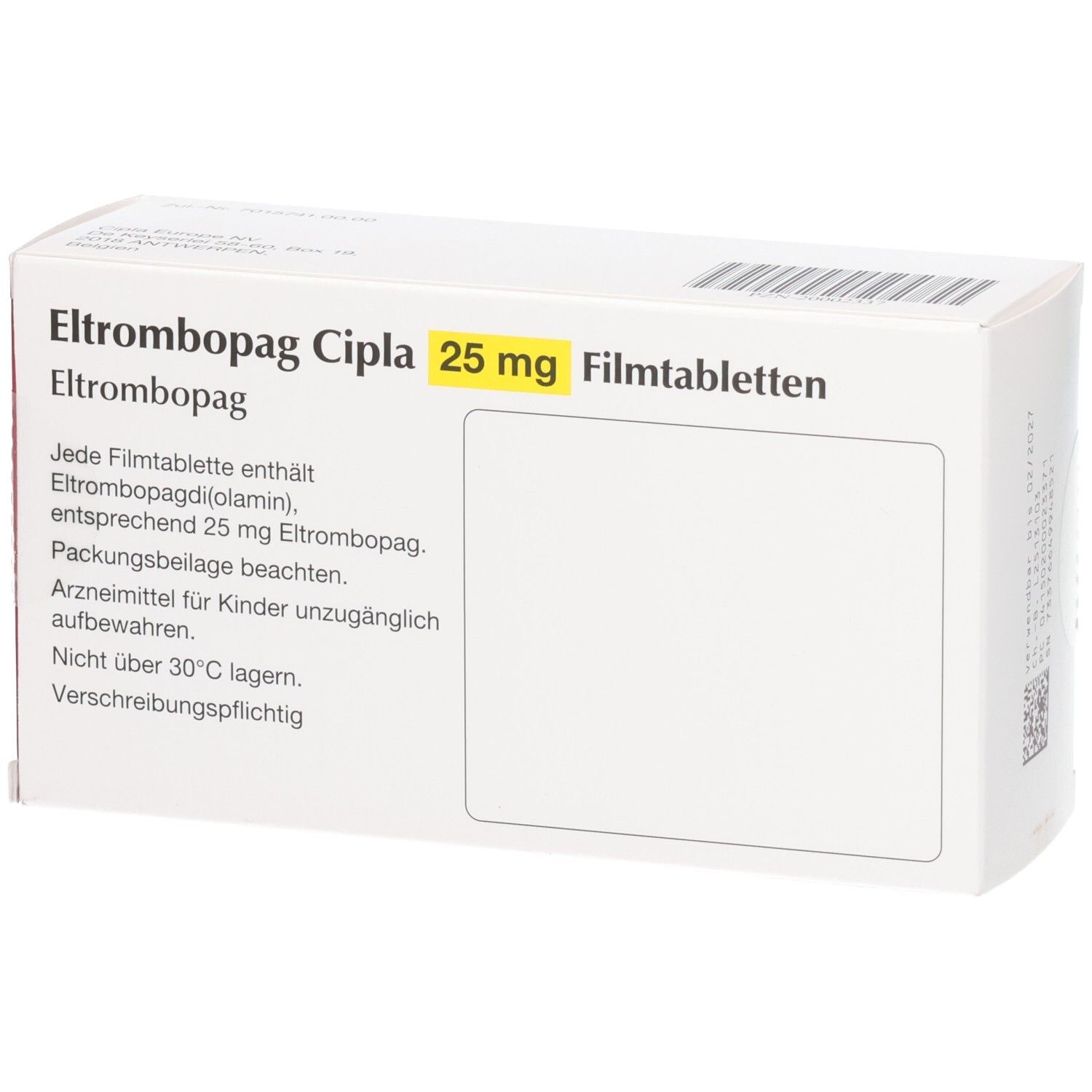 Eltrombopag Cipla 25 mg Filmtabletten, 84 Stück. Rückseite der Verpackung mit detaillierten Anwendungsinformationen.