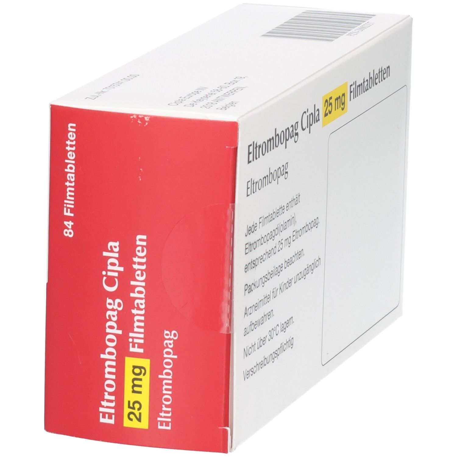 Eltrombopag Cipla 25 mg Filmtabletten, 84 Stück. Schräge Ansicht der roten und weißen Verpackung.