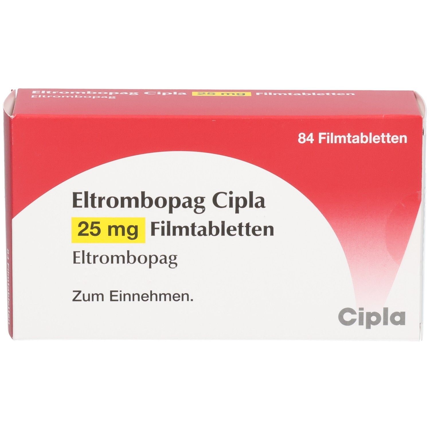 Eltrombopag Cipla 25 mg Filmtabletten, 84 Stück. Vorderseite der roten und weißen Verpackung mit Produktnamen und Dosierung.