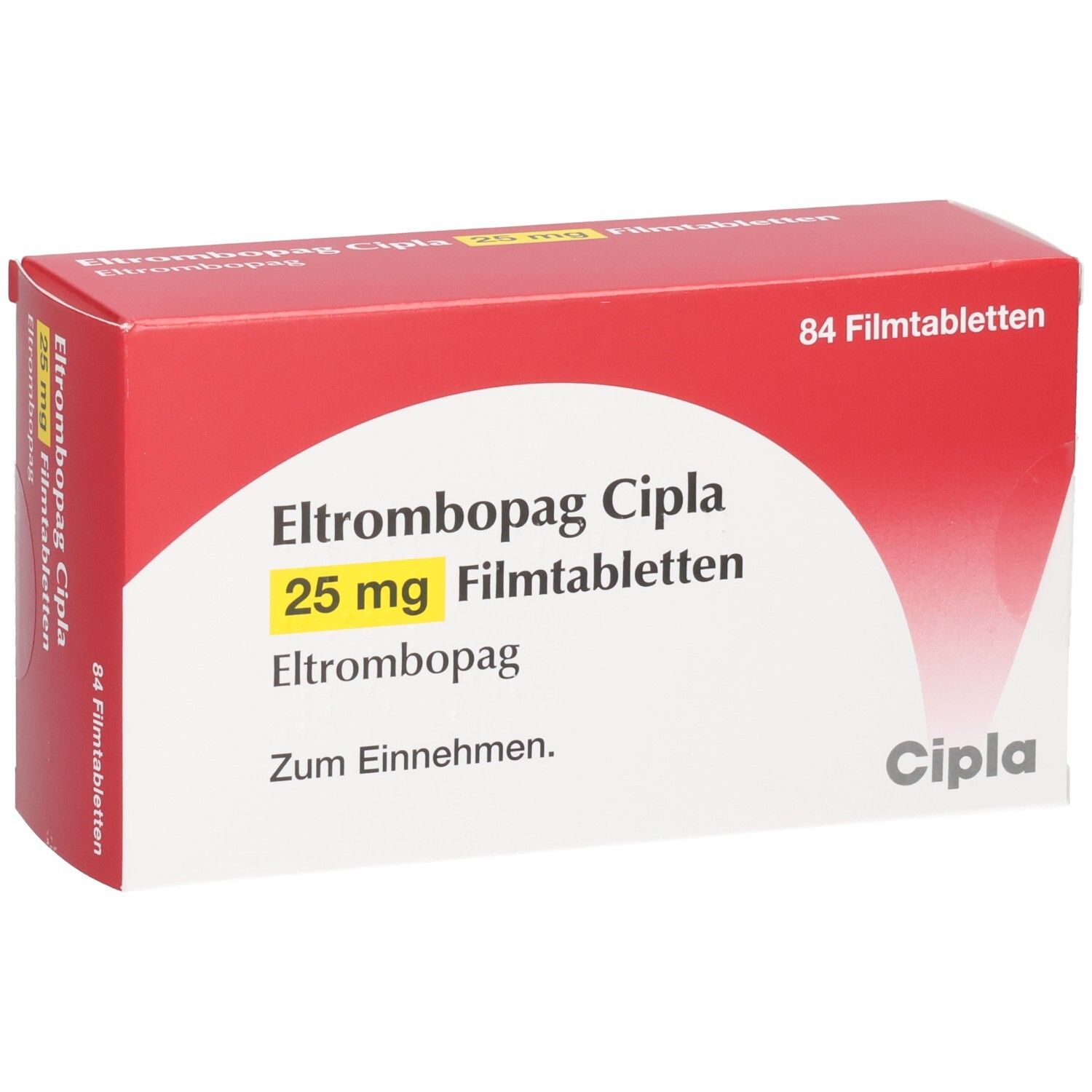 Eltrombopag Cipla 25 mg Filmtabletten, 84 Stück. Verpackung mit rotem und weißem Design und Cipla-Logo.
