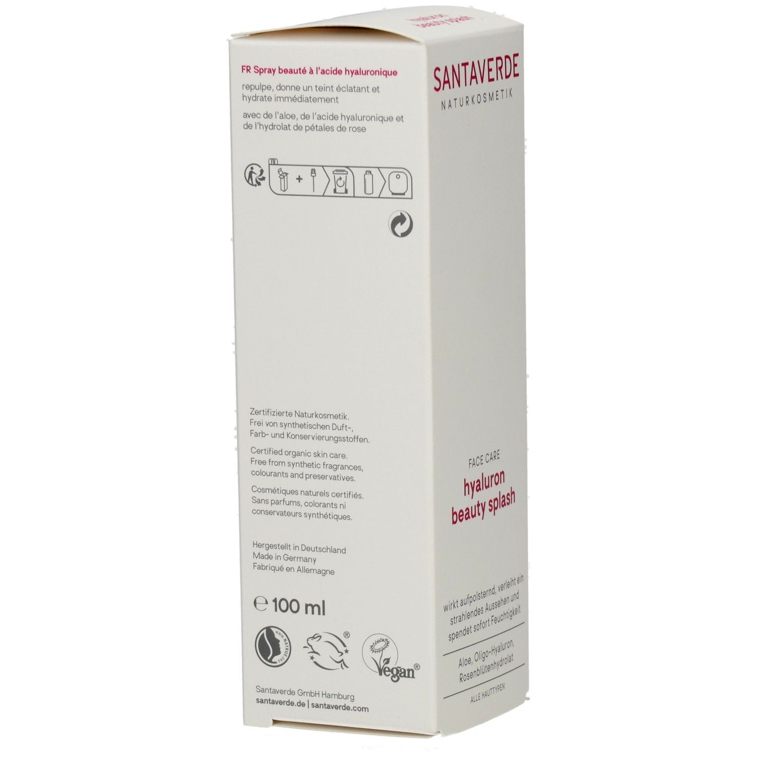 Rückseite einer weißen Produktverpackung. Text in deutscher Sprache, mit Informationen und Logos.