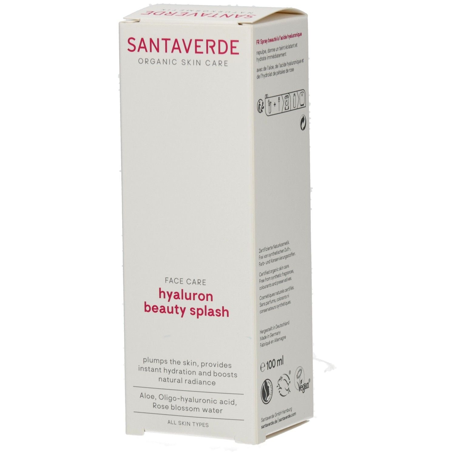Weißer Karton mit SANTAVERDE-Logo und Produktbezeichnung: hyaluron beauty splash. Text in deutscher Sprache.