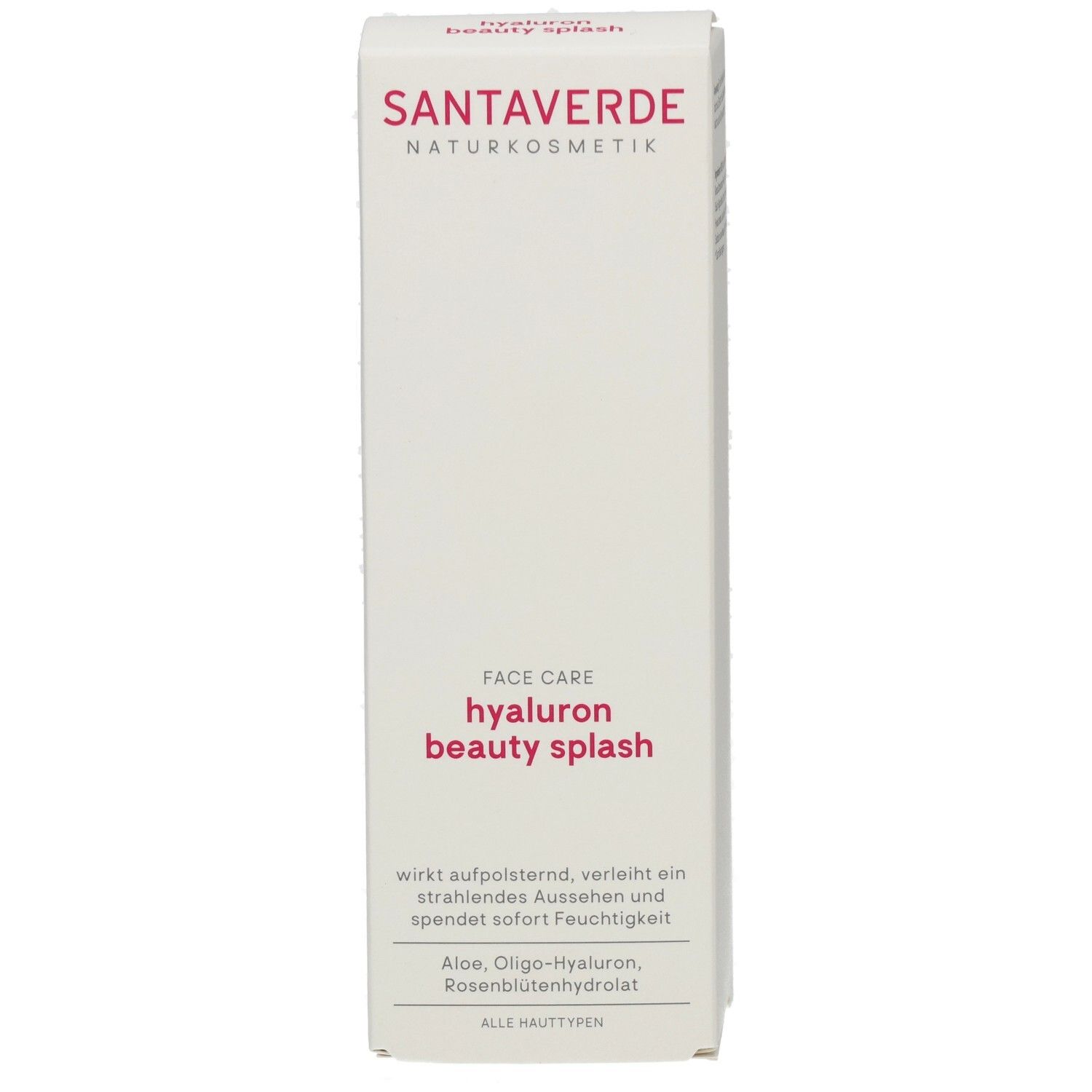 Weißer Karton mit SANTAVERDE-Logo und Produktbezeichnung: hyaluron beauty splash. Text in deutscher Sprache.