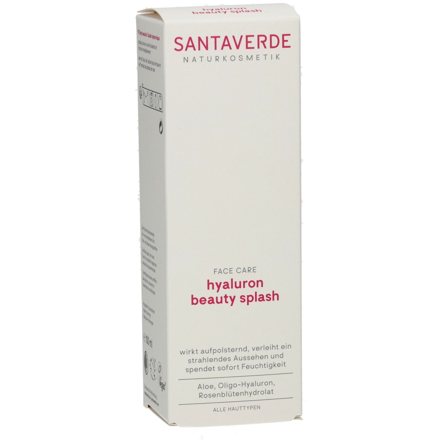 Weißer Karton mit SANTAVERDE-Logo und Produktbezeichnung: hyaluron beauty splash. Text in deutscher Sprache.
