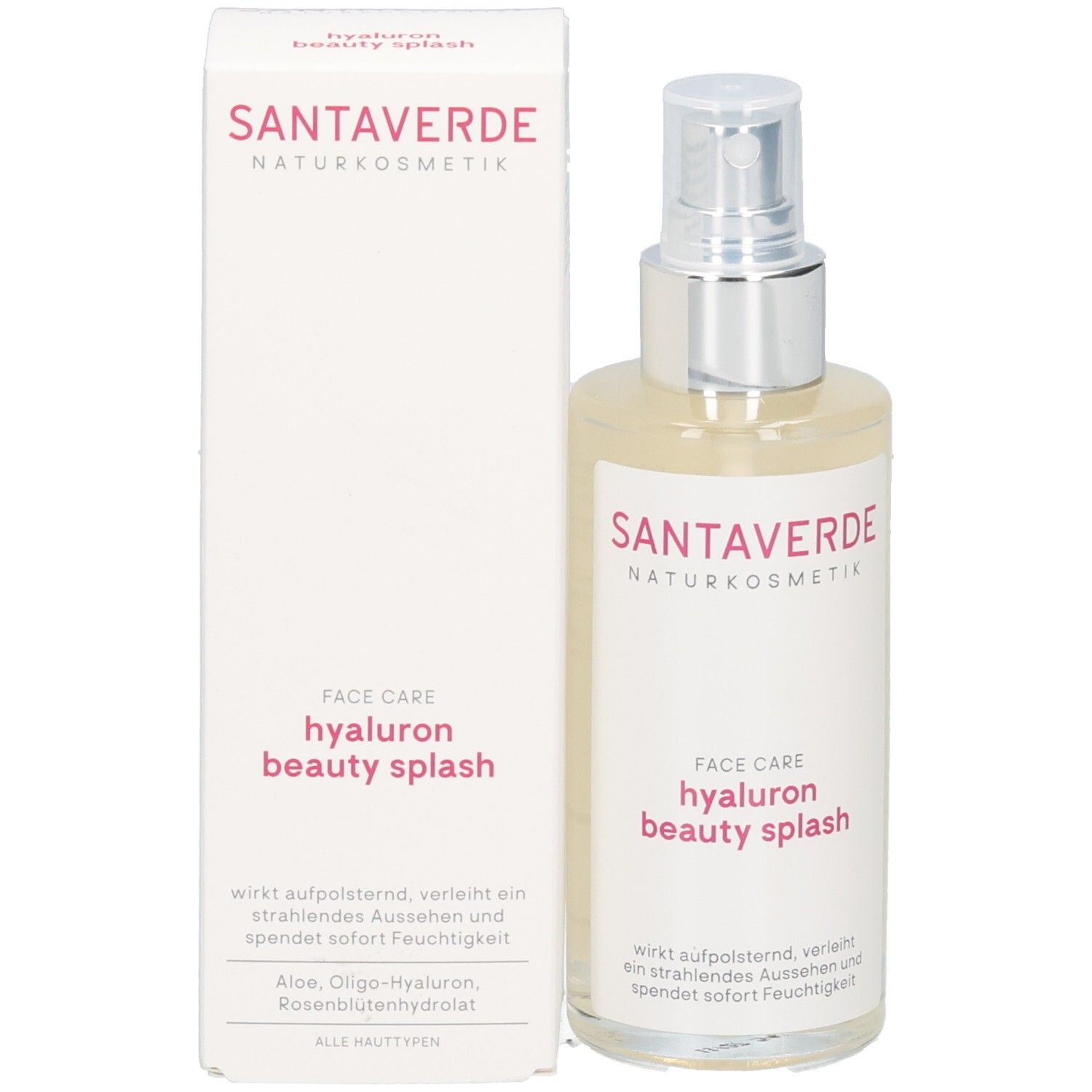 Produktflasche und Verpackung. Flasche mit Sprühkopf, daneben die Produktverpackung mit Logo und Text.