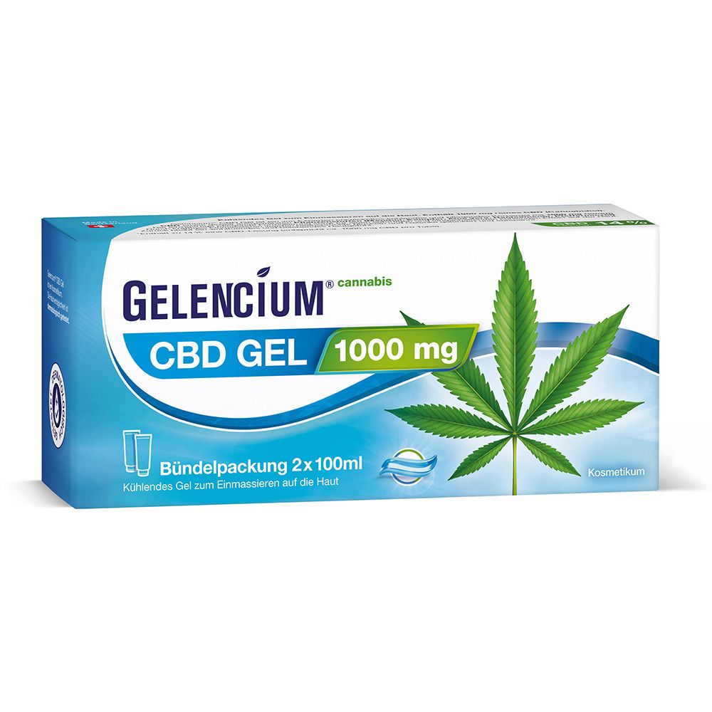 Blau-weiße Kartonverpackung mit GELENCIUM® CBD GEL 1000 mg. Enthält zwei Tuben. Cannabisblatt-Grafik.