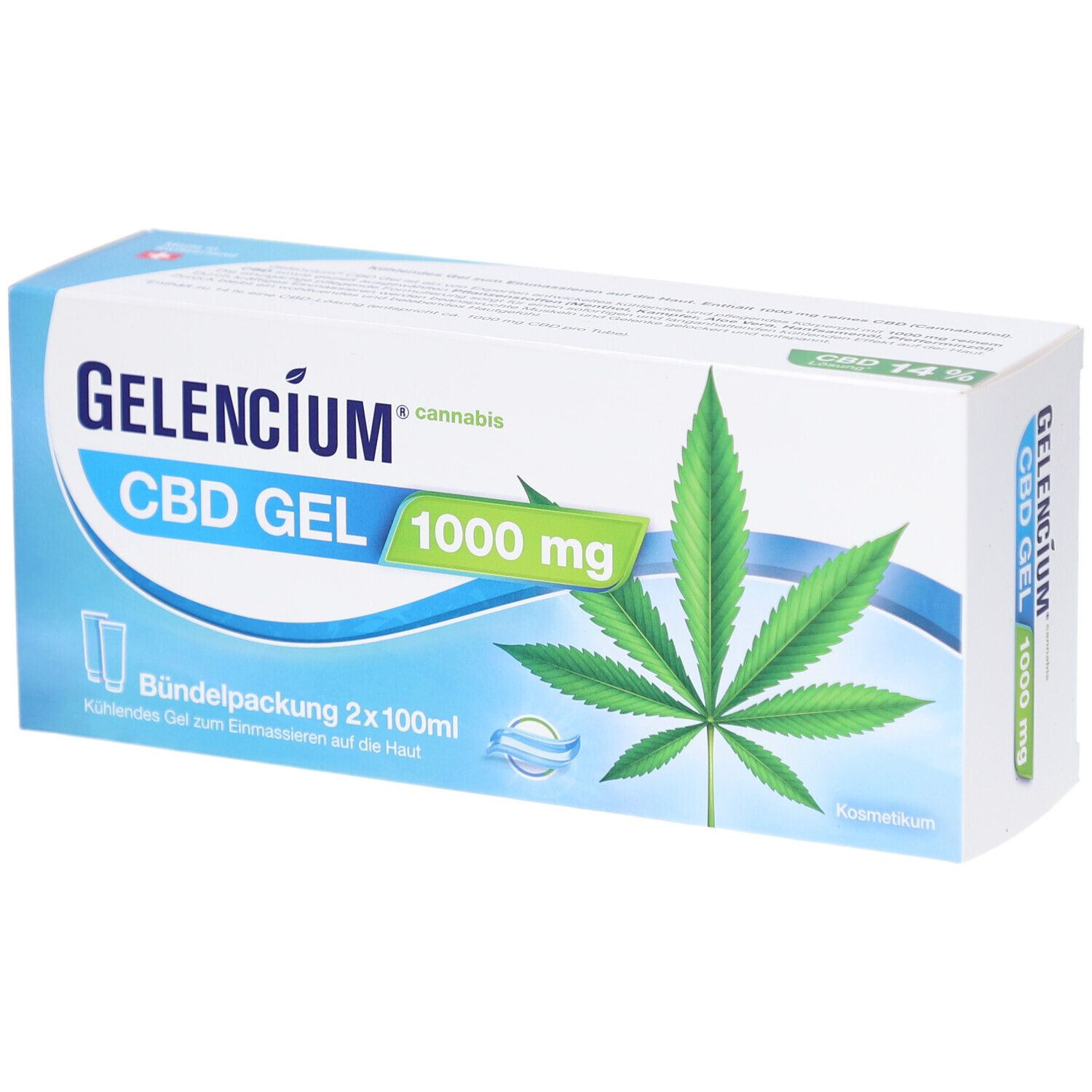 Verpackung mit Produktaufdruck. Aufschrift: GELENCIUM CBD GEL 1000 mg. Cannabis-Blatt-Grafik. Bündelpackung 2x100ml.