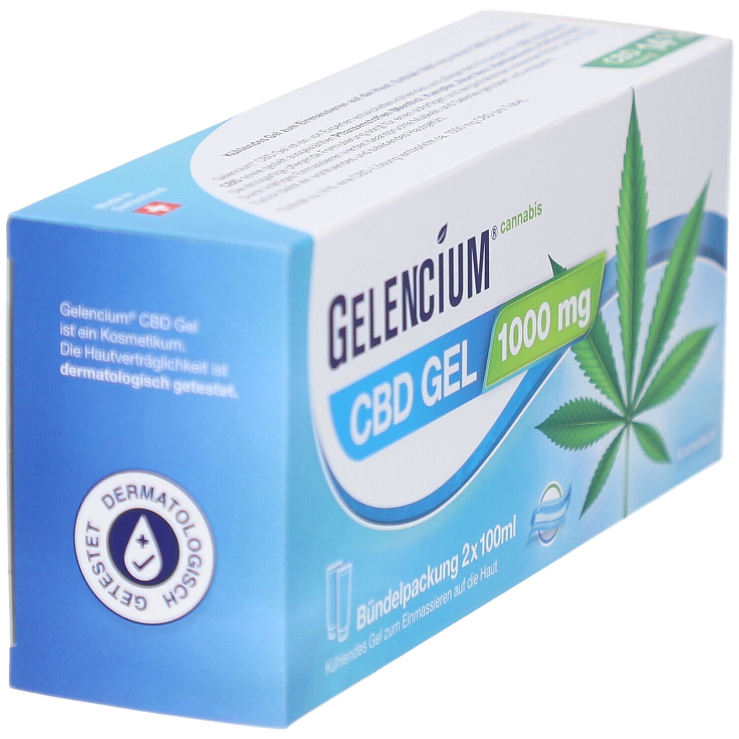 Produktverpackung mit Aufdruck. Aufschrift: GELENCIUM CBD GEL 1000 mg. Cannabis-Blatt-Grafik. Dermatologisch getestet.