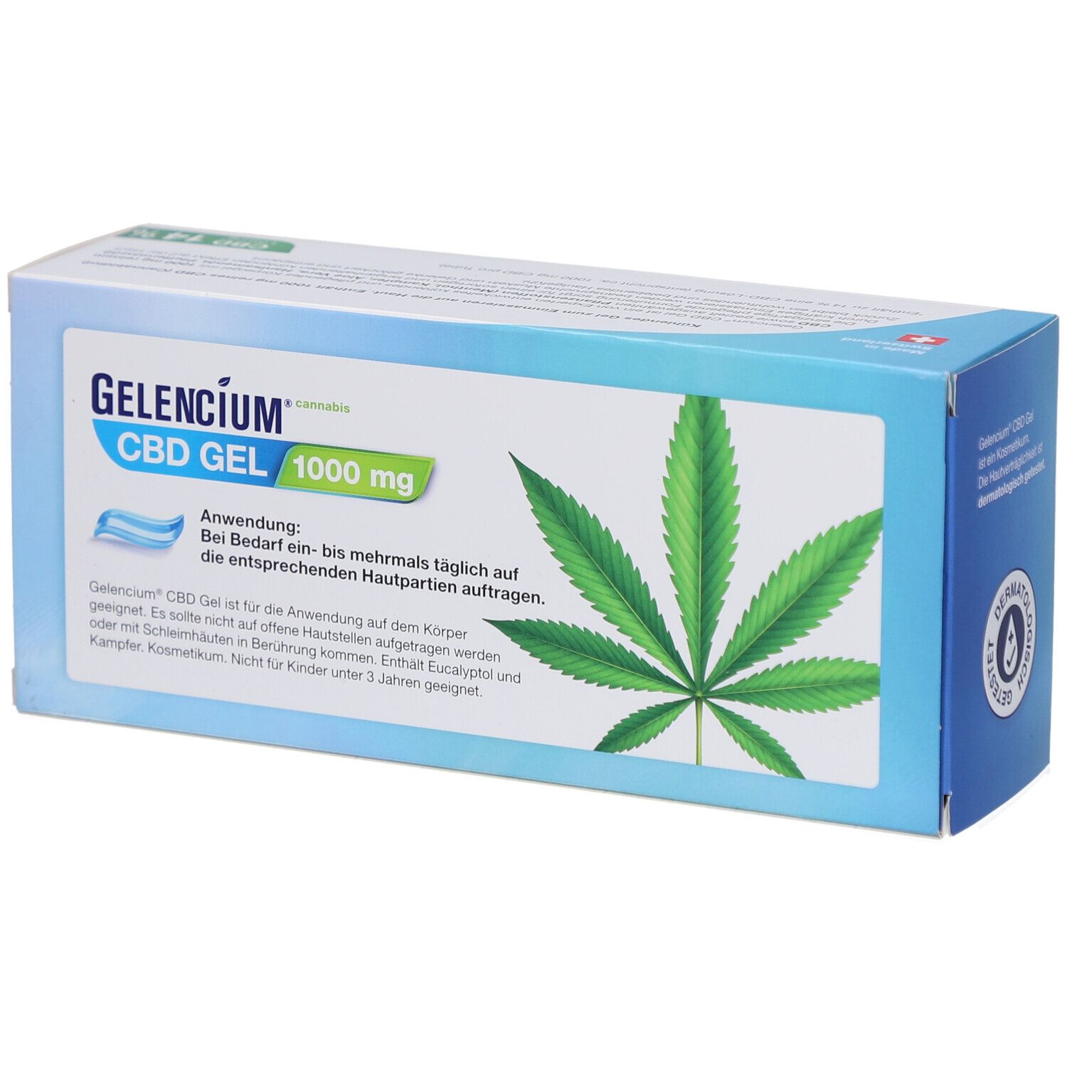 Produktverpackung mit Aufdruck. Aufschrift: GELENCIUM CBD GEL 1000 mg. Cannabis-Blatt-Grafik. Text zur Anwendung.