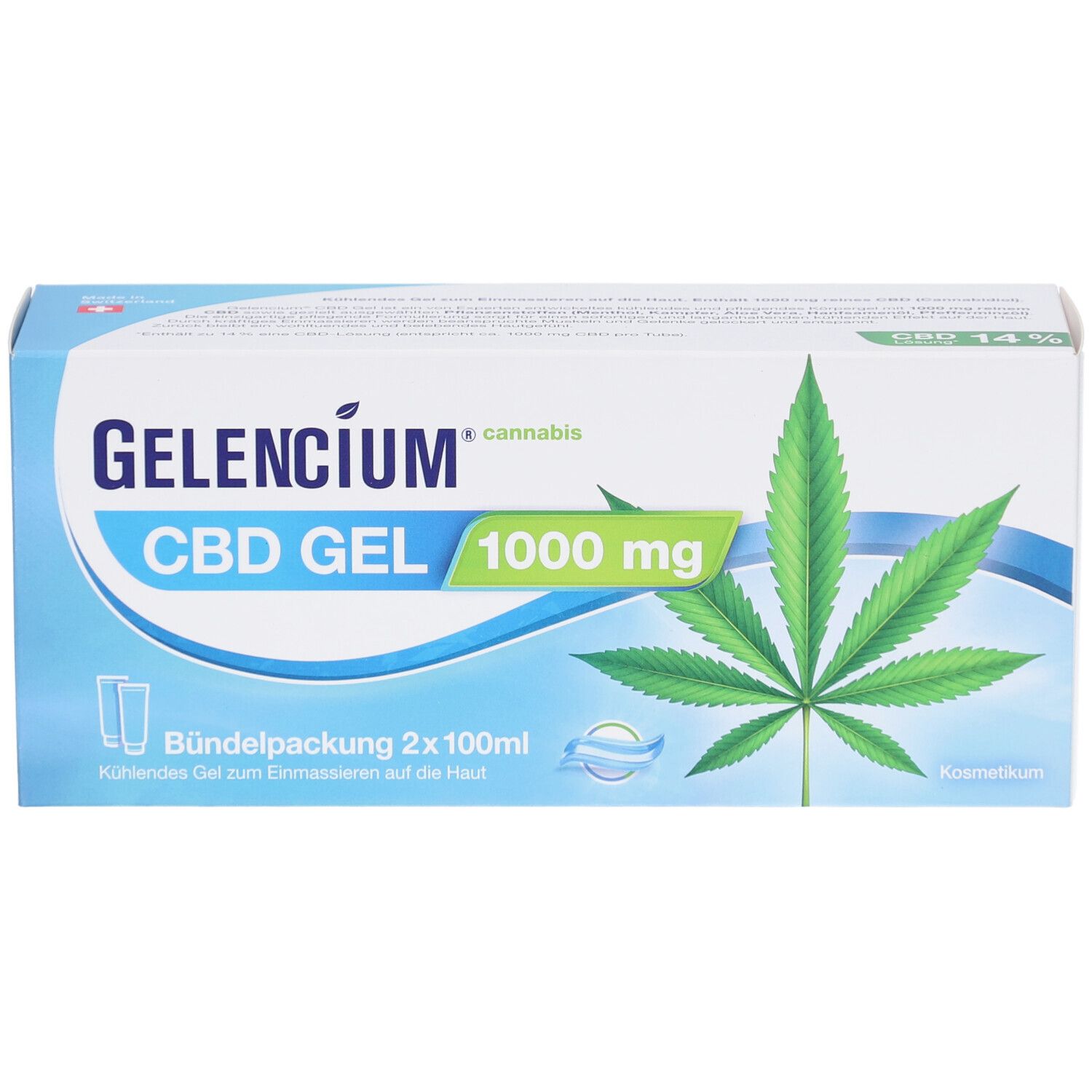 Produktverpackung mit Aufdruck. Aufschrift: GELENCIUM CBD GEL 1000 mg. Cannabis-Blatt-Grafik. Bündelpackung 2x100ml.