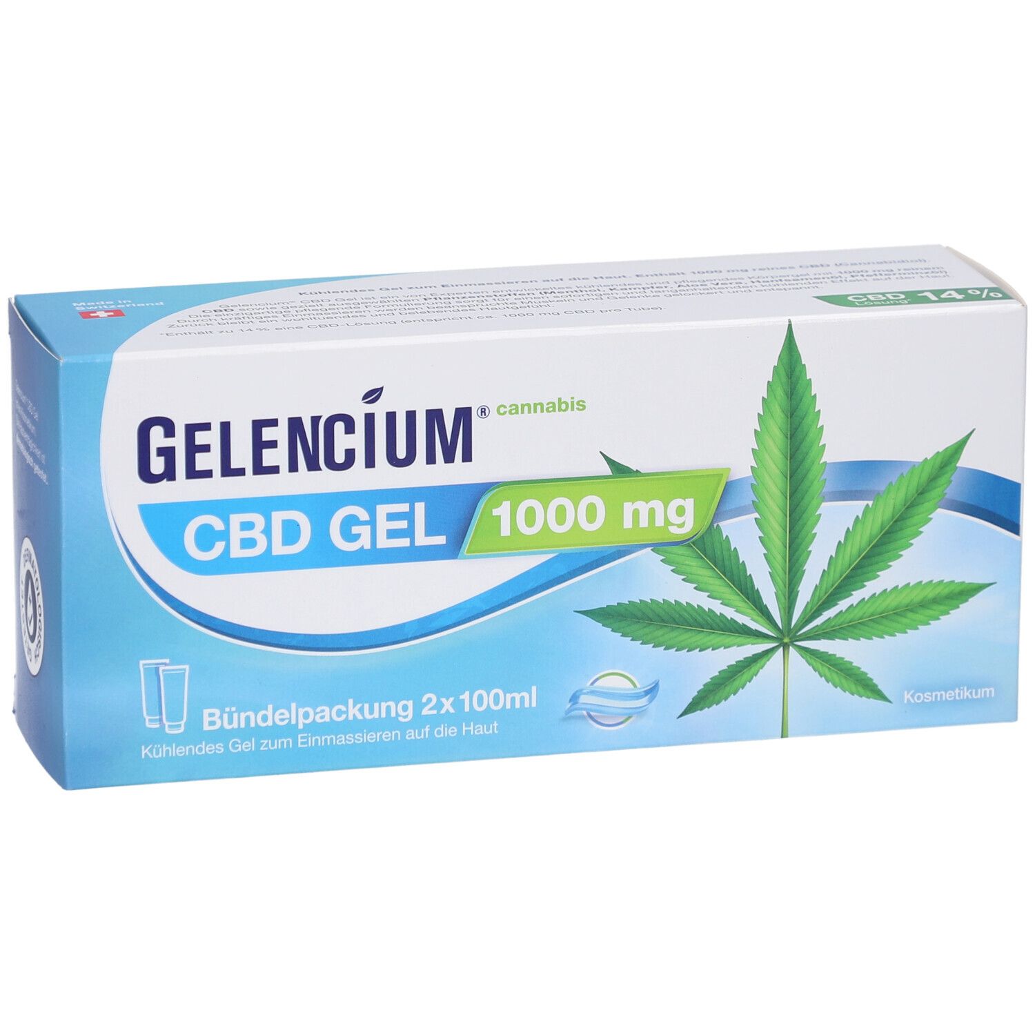 Produktverpackung mit Aufdruck. Aufschrift: GELENCIUM CBD GEL 1000 mg. Cannabis-Blatt-Grafik. Bündelpackung 2x100ml.