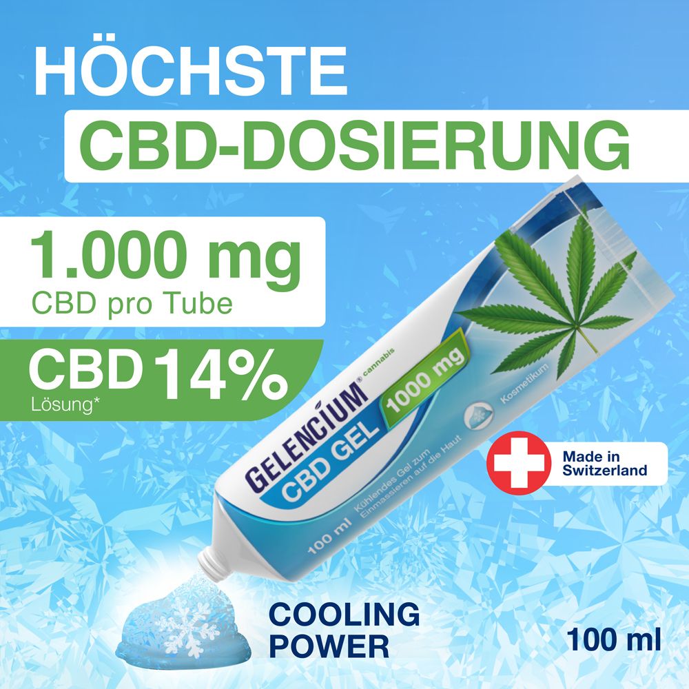 Weiße Tube GELENCIUM® CBD GEL 1000 mg, 100 ml. Cannabisblatt-Grafik. Blaue und grüne Elemente. Kühlender Effekt.