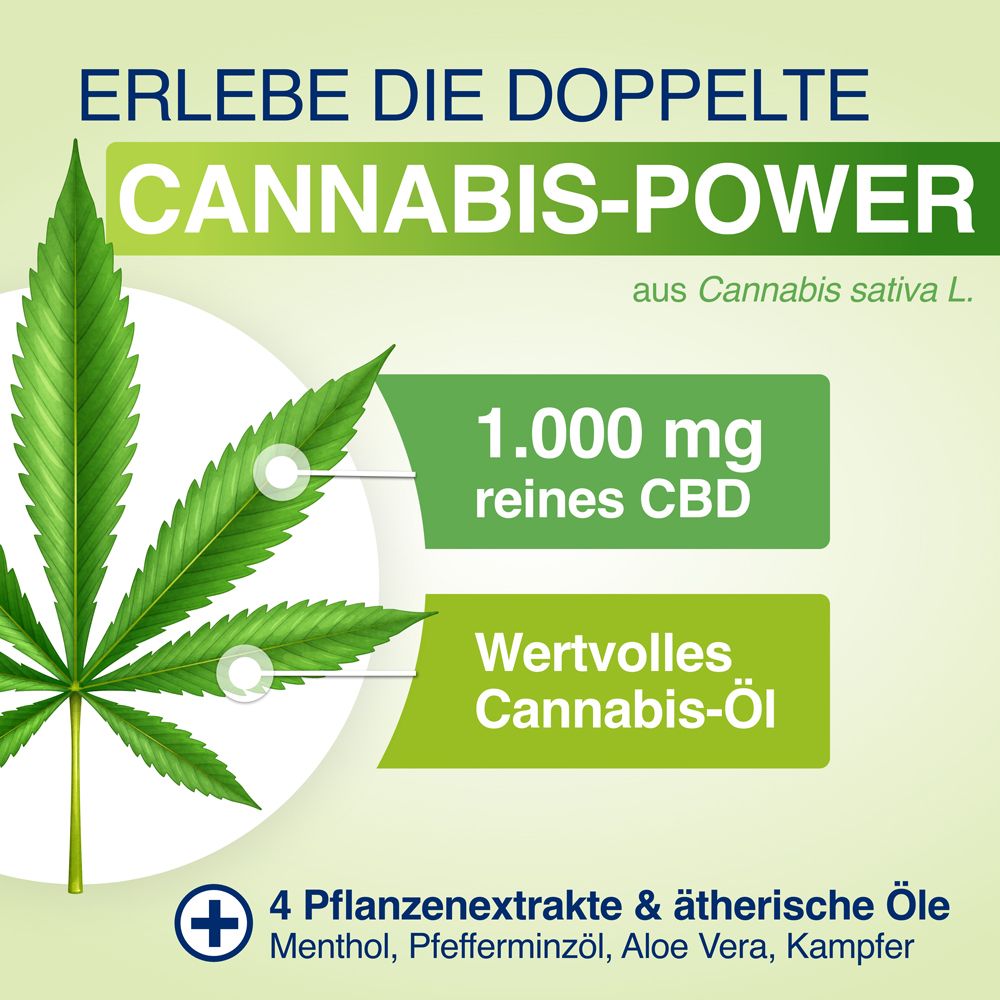 Grafik mit Cannabisblatt. Text: 1.000 mg reines CBD, Wertvolles Cannabis-Öl, 4 Pflanzenextrakte & ätherische Öle.