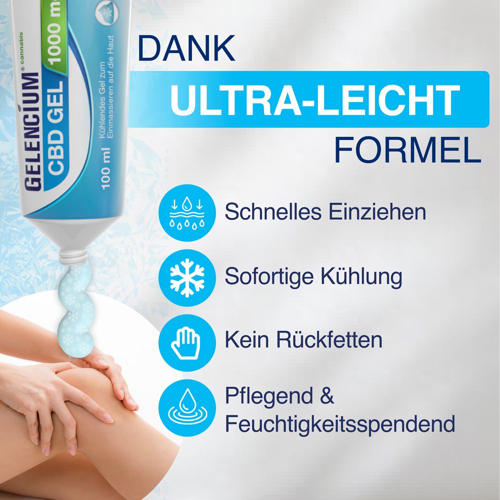 Tube GELENCIUM® CBD GEL 1000 mg. Text: Ultra-Leicht Formel, Schnelles Einziehen, Sofortige Kühlung, Kein Rückfetten, Pflegend & feuchtigkeitsspendend.