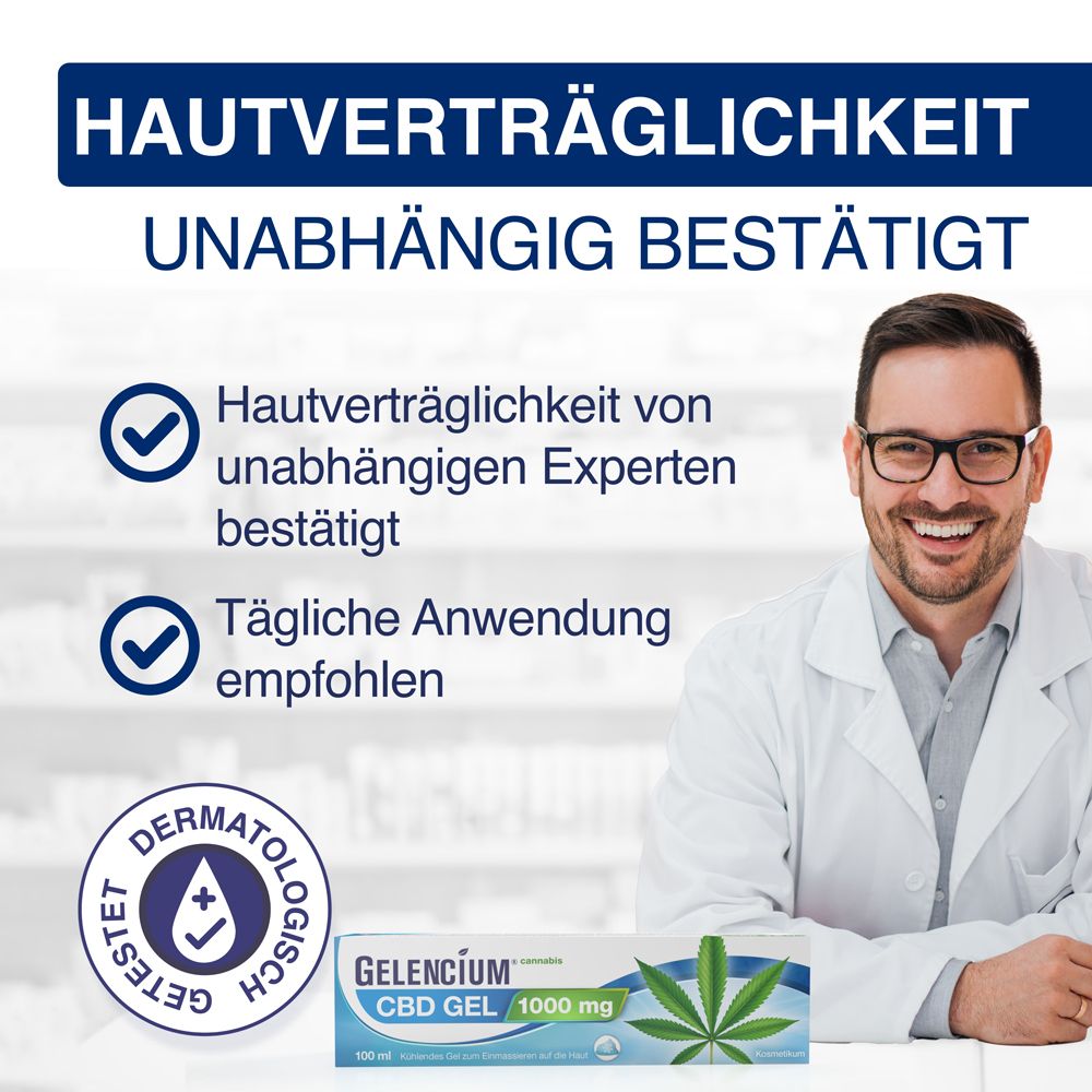 Arzt mit Brille. Text: Hautverträglichkeit unabhängig bestätigt, Hautverträglichkeit von unabhängigen Experten bestätigt, Tägliche Anwendung empfohlen.