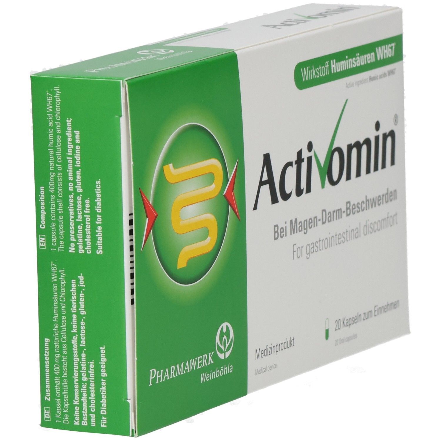 Activomin Kapseln: Packung mit Informationen zur Zusammensetzung und Eignung für Diabetiker.