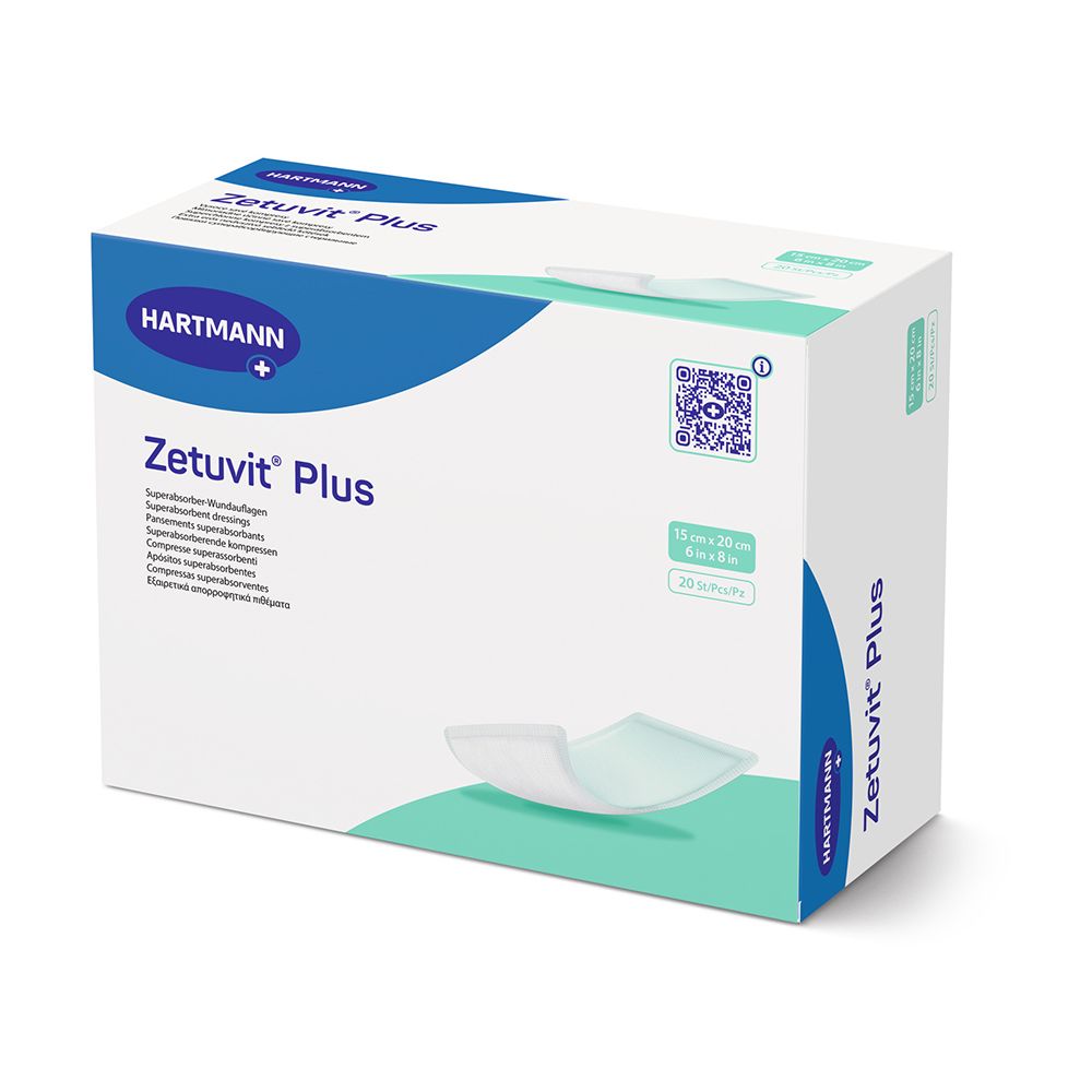 Verpackung von Zetuvit Plus Superabsorber-Wundauflagen, 15x20 cm, 20 Stück.