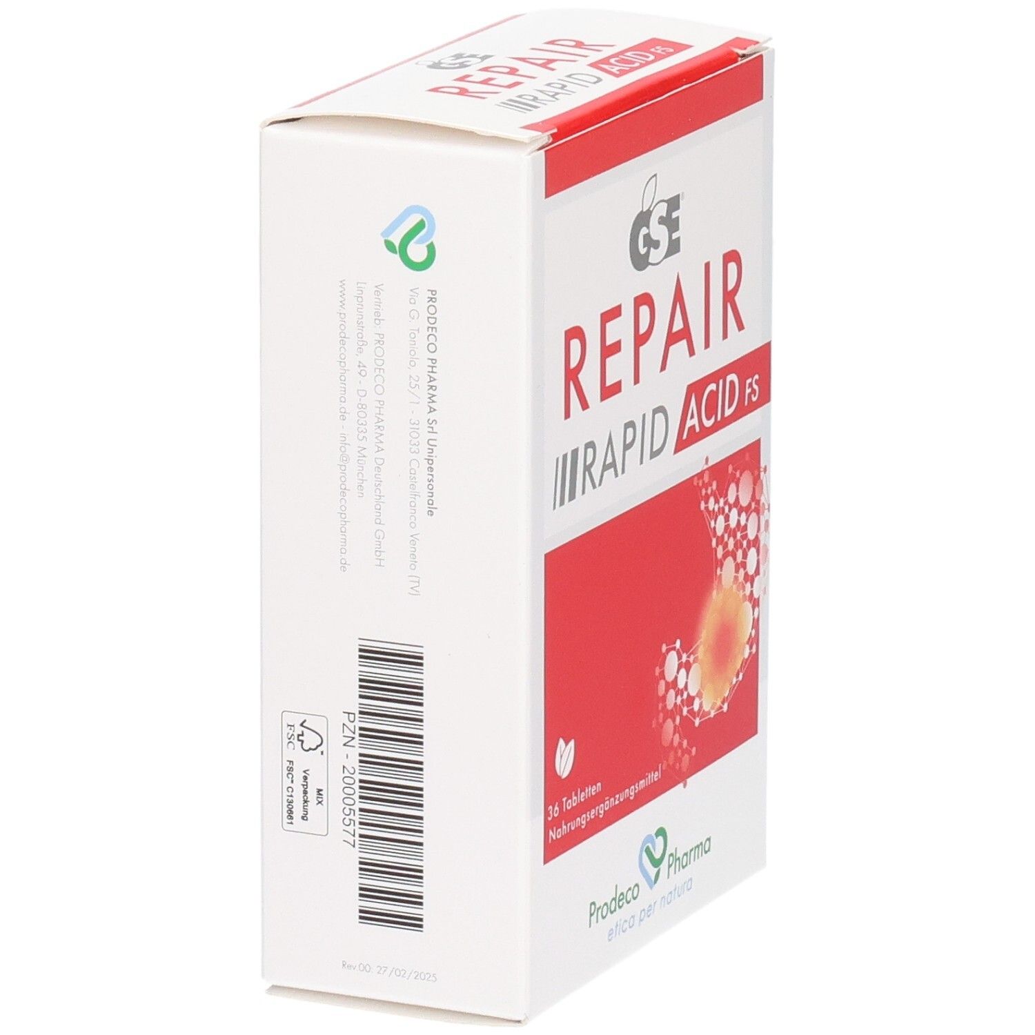 Weiße Tablettenbox mit rotem Akzent. Aufschrift: GSE REPAIR RAPID ACID FS. Herstellerlogo und Barcode.